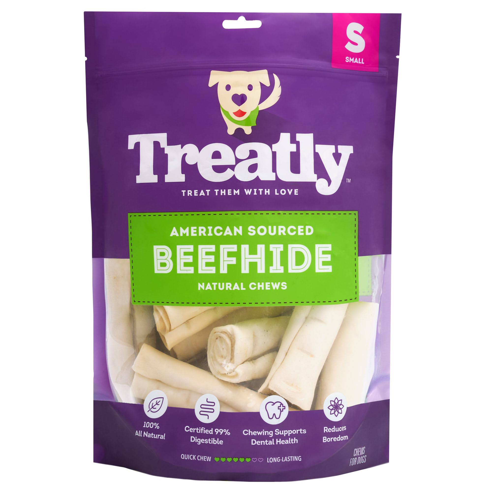 Treatly American Sourced Beefhide Rolls 4-5 Dog Chew Treats - Natural Flavor, 22 Count/1 Pack