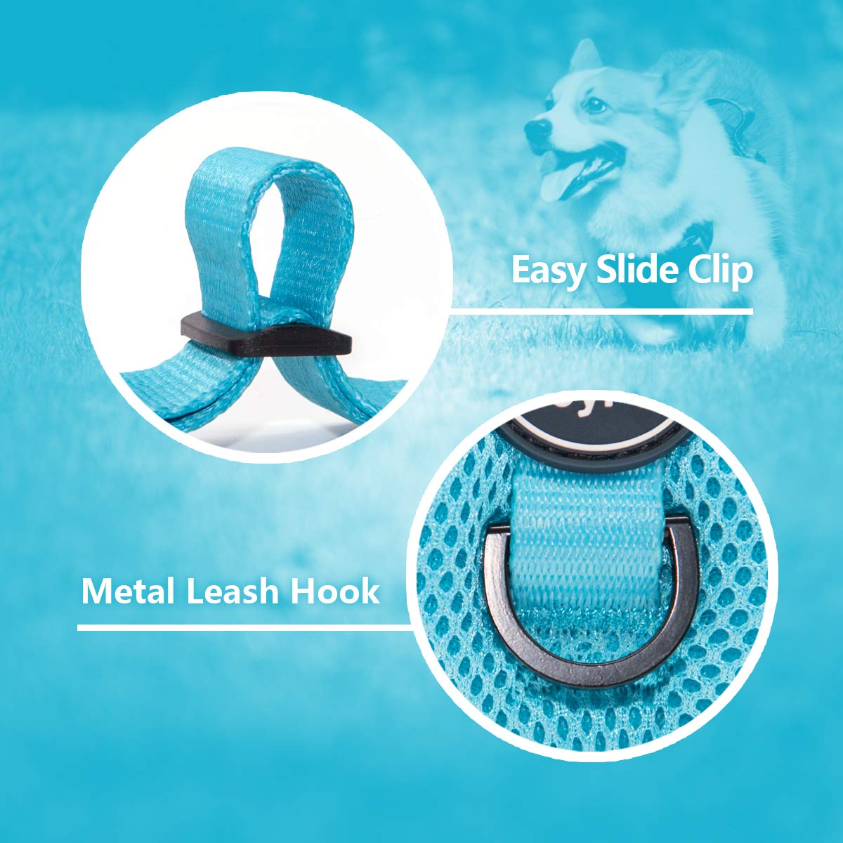 Poypet Reflective Soft Breathable Mesh Dog Harness No Choke Double Padded Vest Adjustable(Light Blue,M)