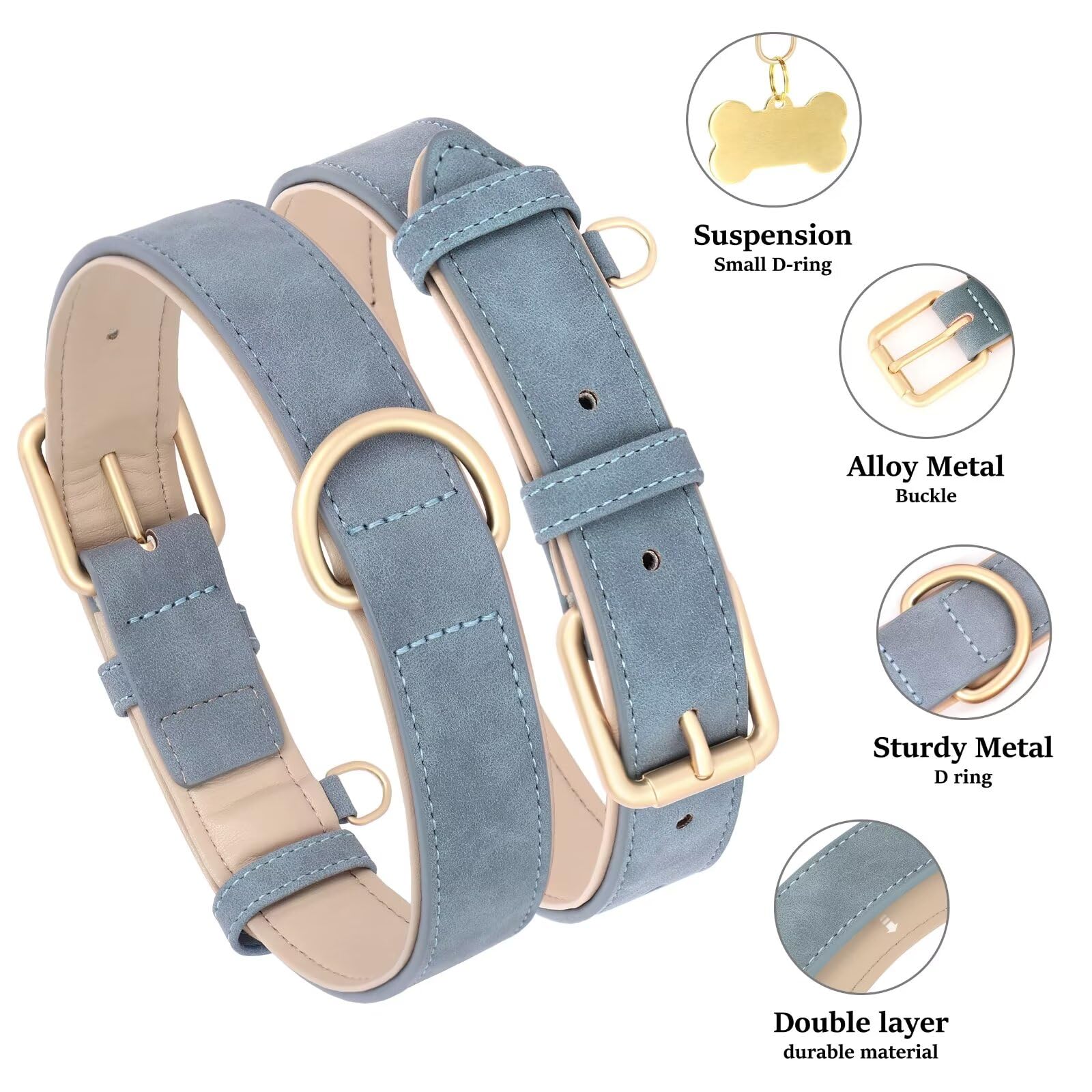 Didog Soft Padded Leather Dog Collar, Adjustable Dog Collars For Medium Dogs With Heavy Duty Metal Buckle And D Ring,Blue,M