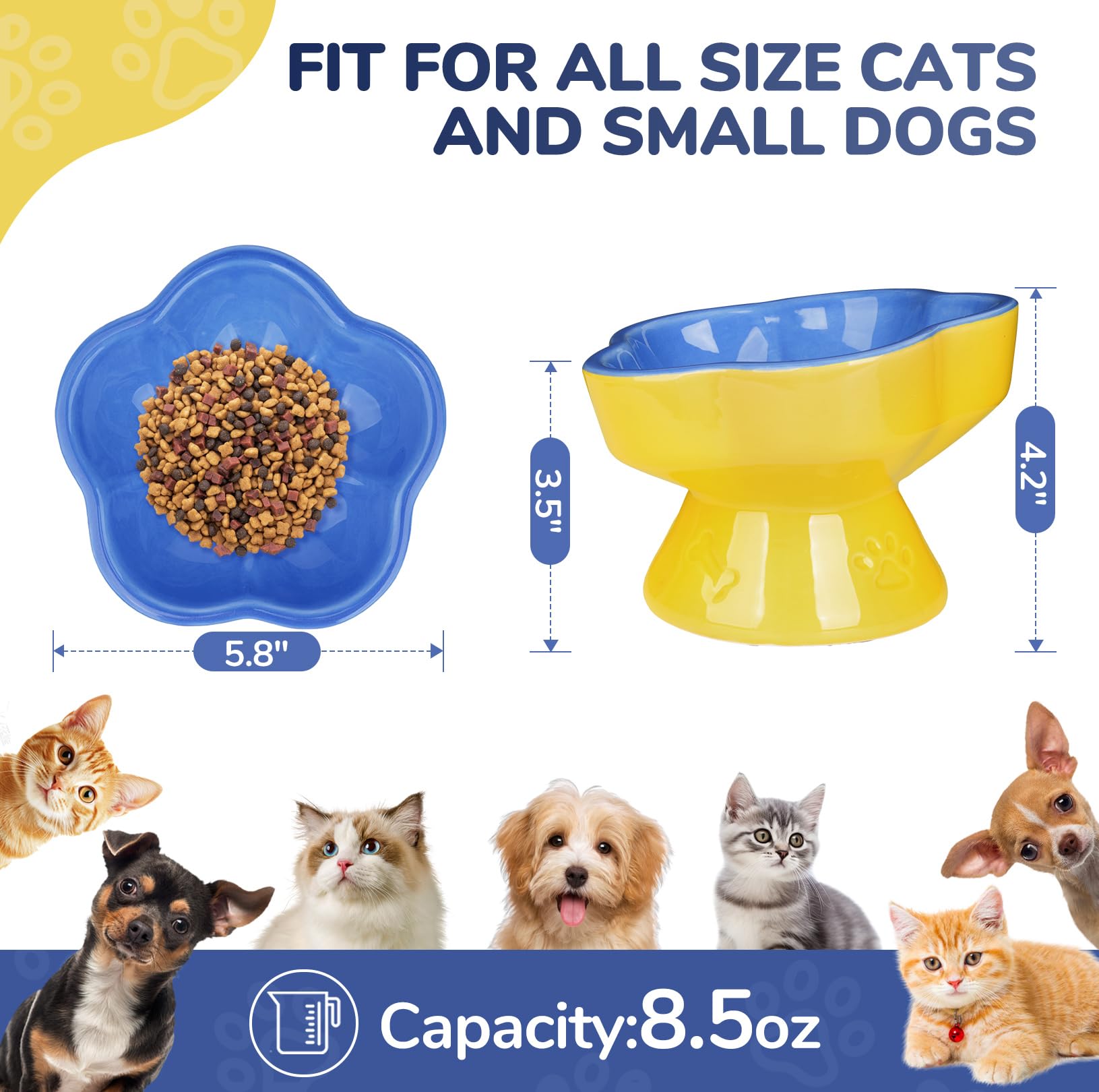 S&Qs CERAMICS Raised Cat Bowl, Elevated Cat Bowl for Food and Water, Ceramic Titled Dish, Anti Vomit & Whisker Friendly, Microw