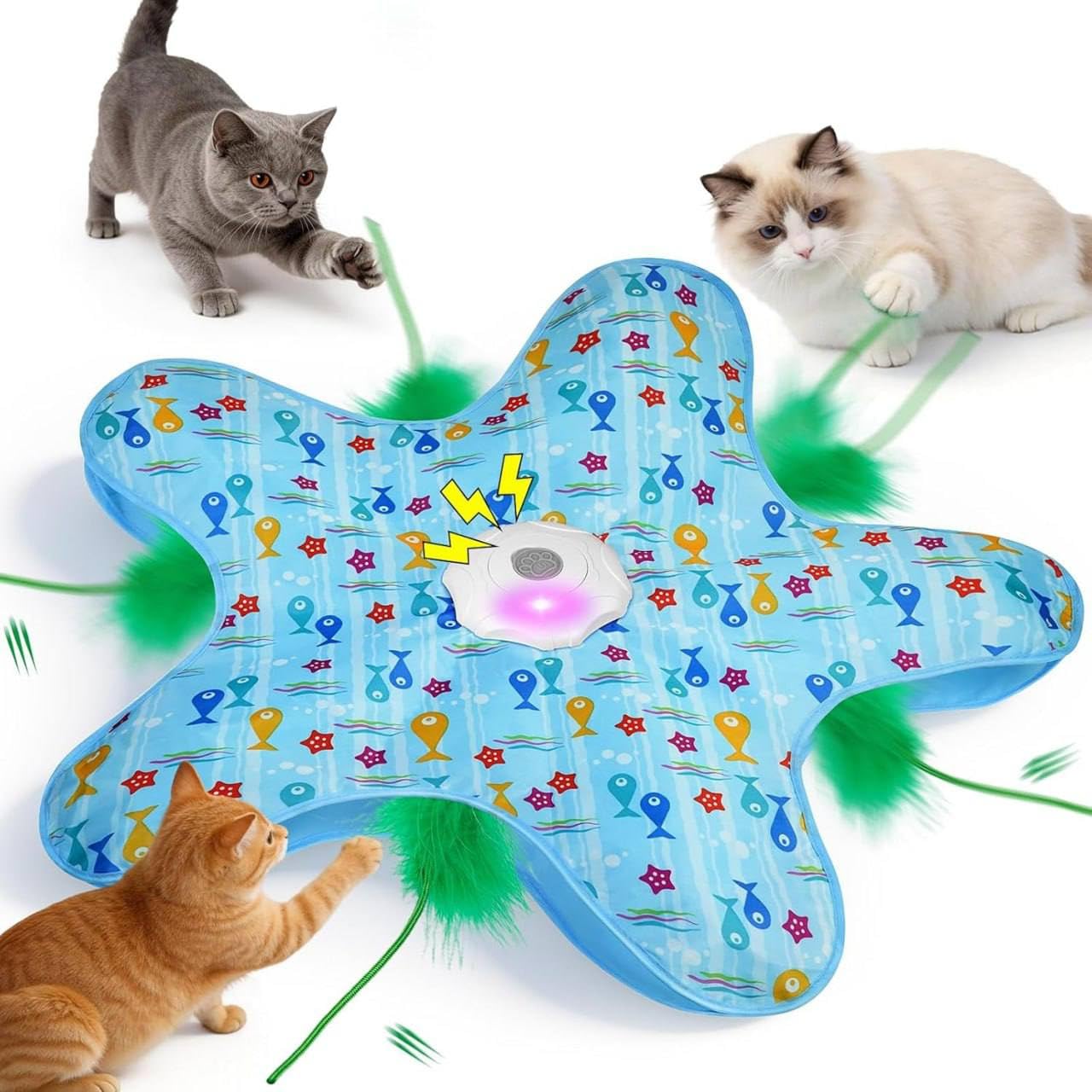 Maraxis Cat Interactive Toy Mat With Moving Feather Attachment, Electric Cat Play Mat With Central Motor Unit And Printed Fabric