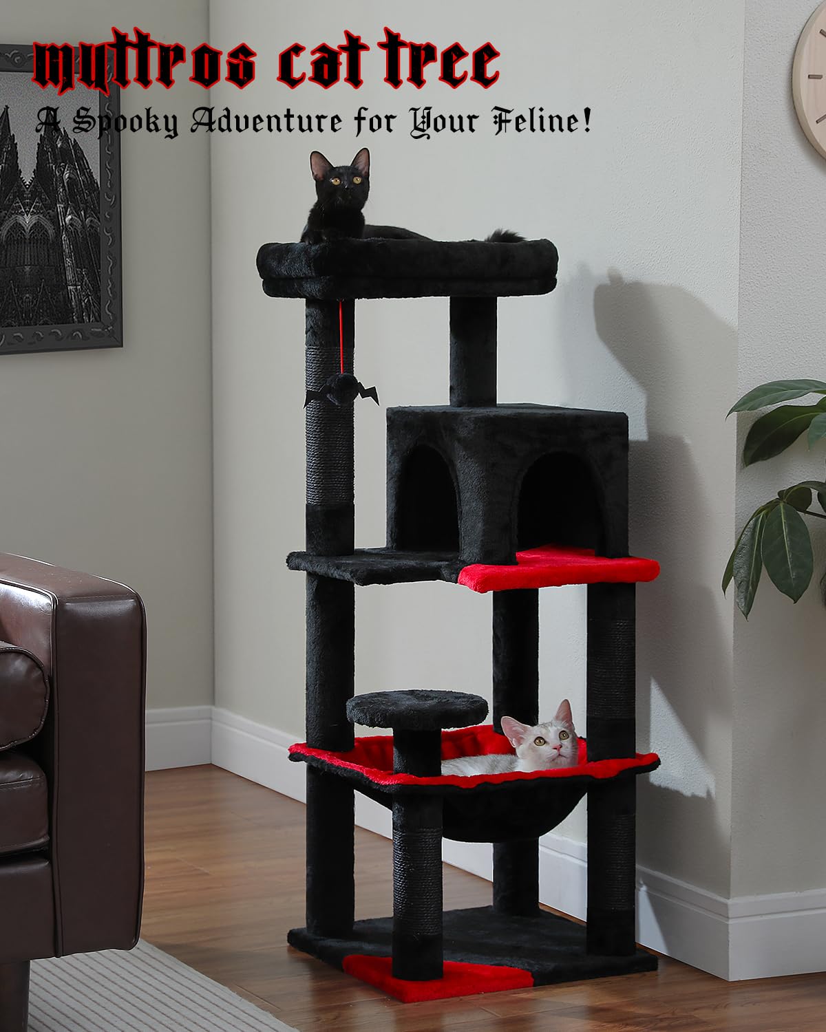 Muttros Gothic Cat Tree With Super Large Hammock, 45.7' Black Cat Tower With Coffin Bed, Cat Condo, Sisal Scratching Posts & Top Perch, Multi-Level Goth Cat Tree, Halloween, Black