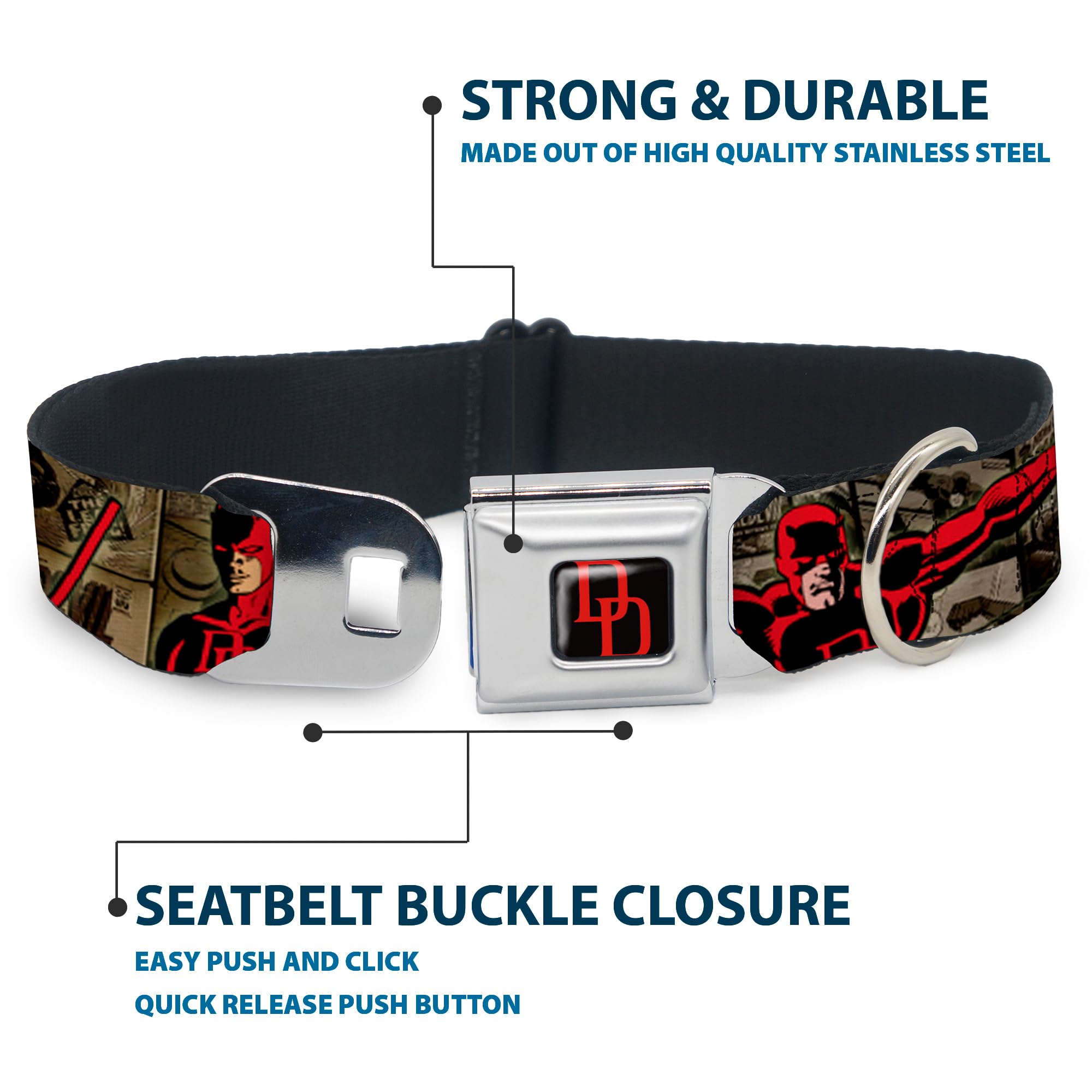 Buckle-Down Seatbelt Buckle Dog Collar - Daredevil Action Poses/Comic Panels Grays/Red - 1'' Wide - Fits 15-26'' Neck - Large