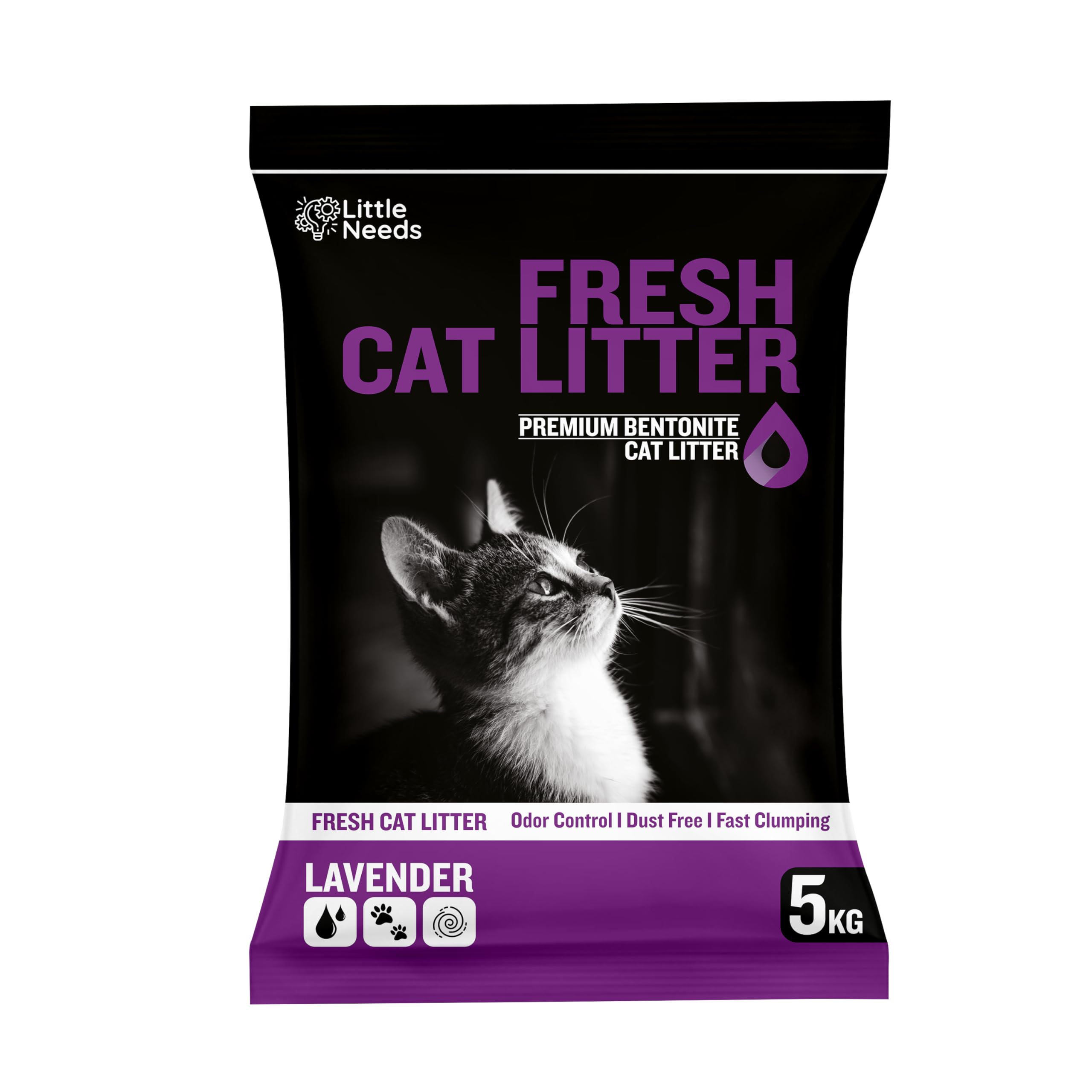 Little Needs Premium Bentonite Cat Litter Sand - 5Kg With Lavender Fragrance For Cats And Kittens | Clean Low-Dust Strong Deodor