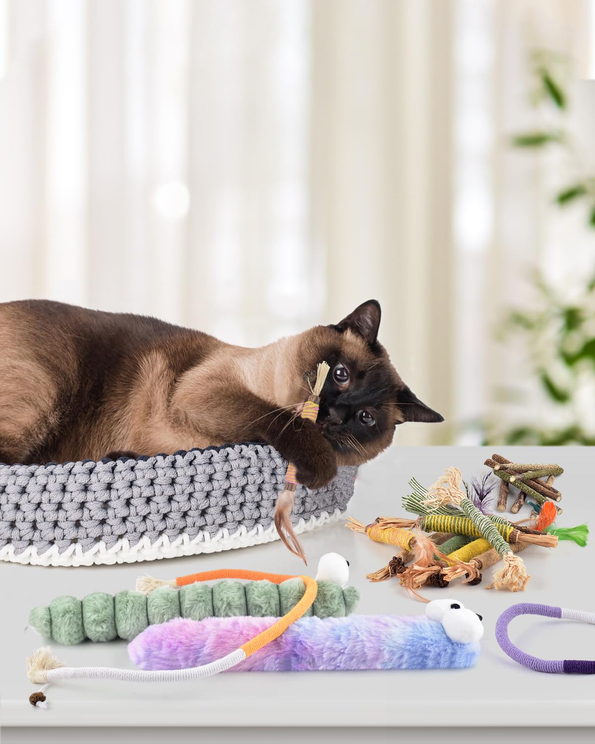 Bissap 20 Pcs Silvervine Chew Sticks For Cats, Catnip Chew Ropes Cat Toys For Indoor Cat Kitten Teeth Grinding Interactive Feath
