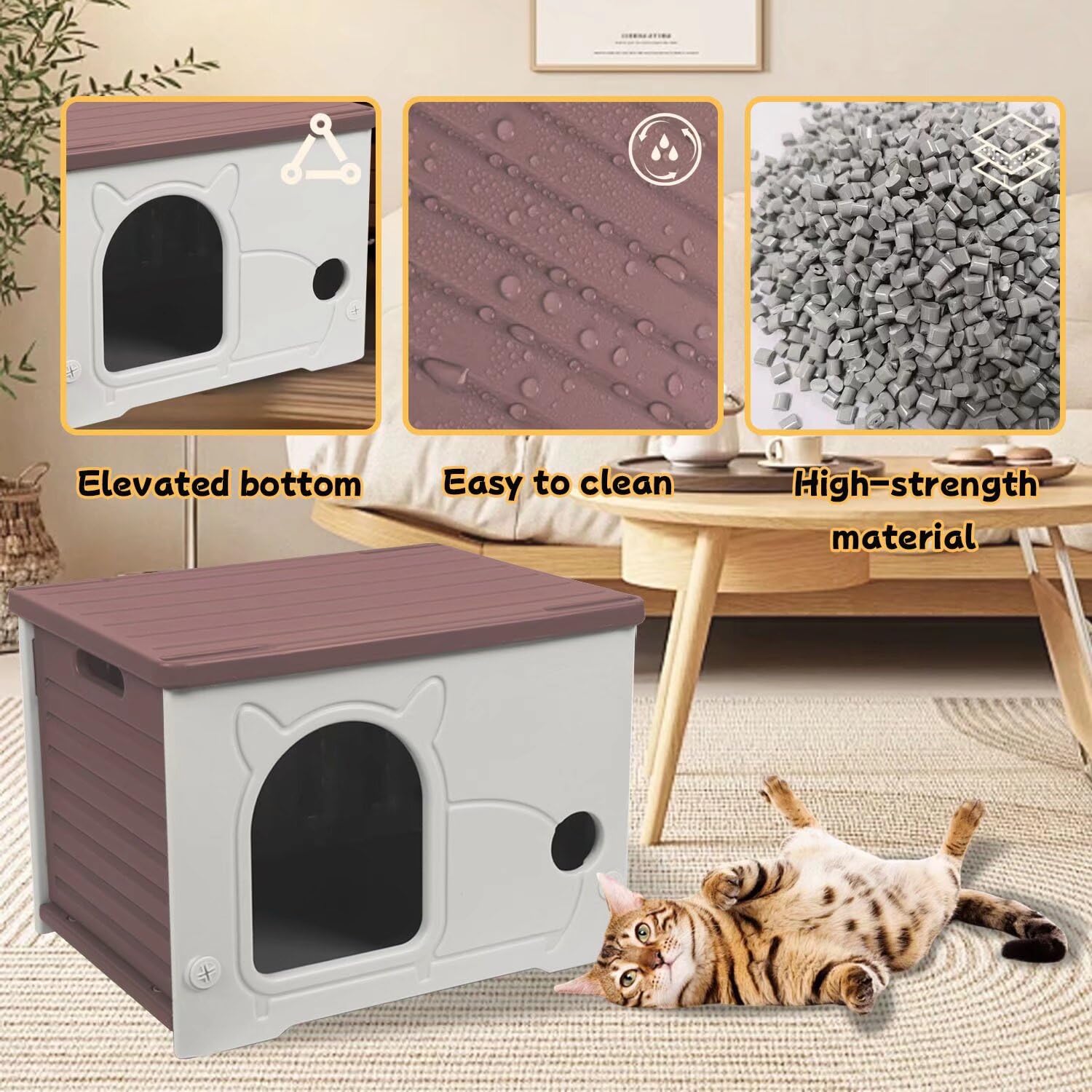 Pempet Plastic Outdoor Cat House Waterproof Feral Cat Shelter(Coffee)