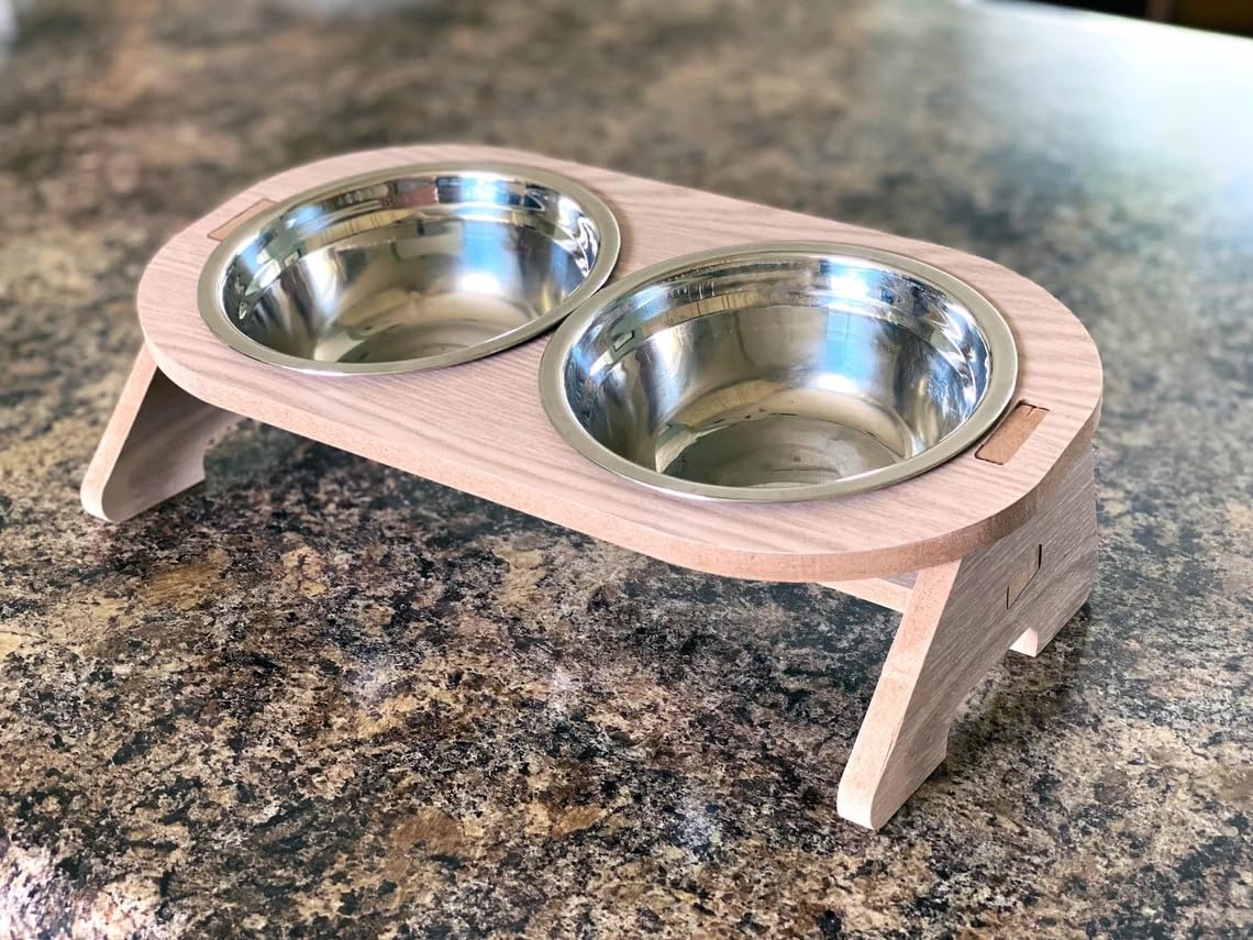 Elevated Wooden Cat Feeder Stand With Double Stainless Steel Bowls  Raised Pet Feeding Station For Cats & Small Dogs  NonSlip