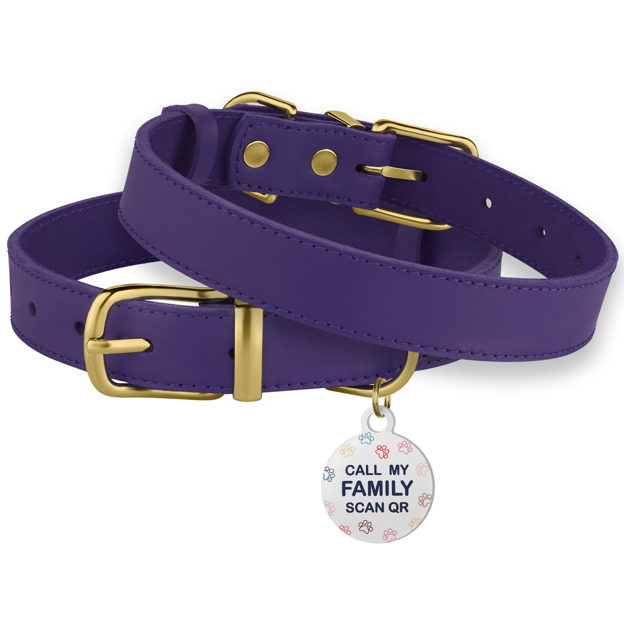 Bronzedog Leather Dog Collar With Metal Buckle Durable Basic Pet Collars For Small Medium Large Dogs (19-21 Inch (Pack Of 1), Purple & Gold Buckle)