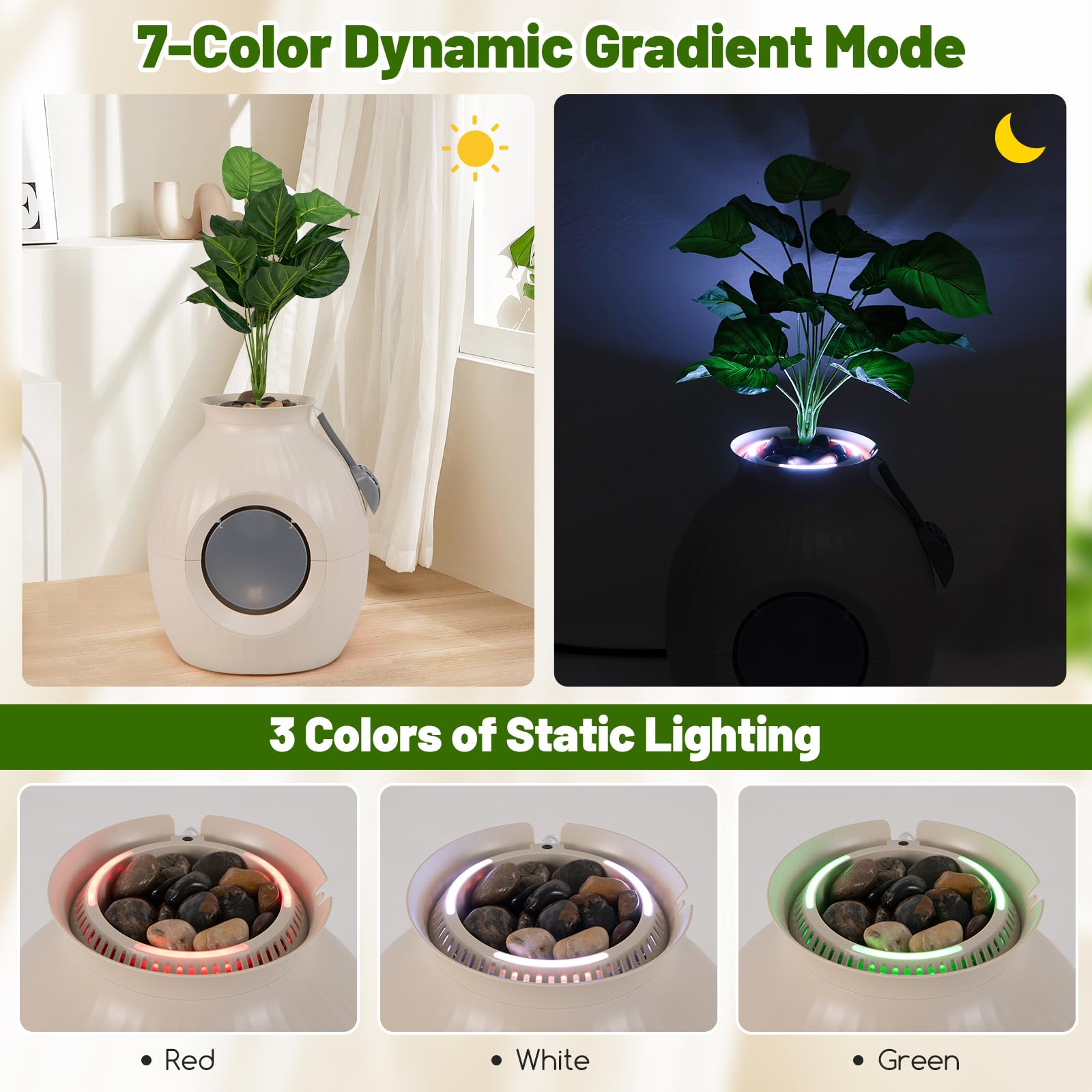 Petsite Hidden Litter Box Plant, Cat Litter Box Enclosure Furniture With Smart Odor Removal System, 4 Light Effects, Door, Artif