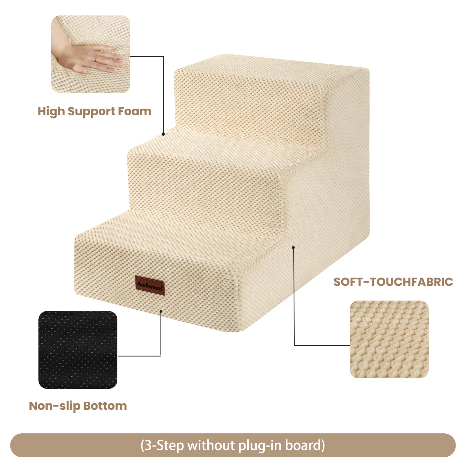 Aodisman Dog Stairs for Small Dogs & Cats, 3-Step Extra Wide Non-Slip Pet Steps for Couch Sofa and Chair, Beige, 15.7 H