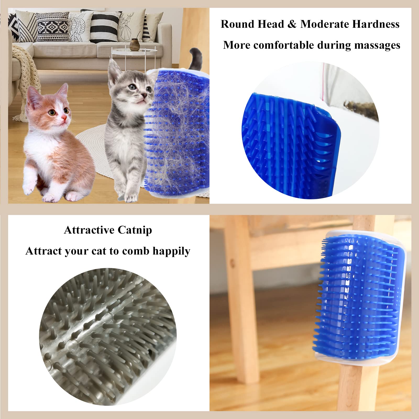 Double2C Cat Self Groomer, 4 Pack Cat Wall Corner Groomers With Catnip, Soft Face Scratchers Brush, Corner Massage Comb For Long & Short Fur Kitten/Puppy (Blue+Grey)
