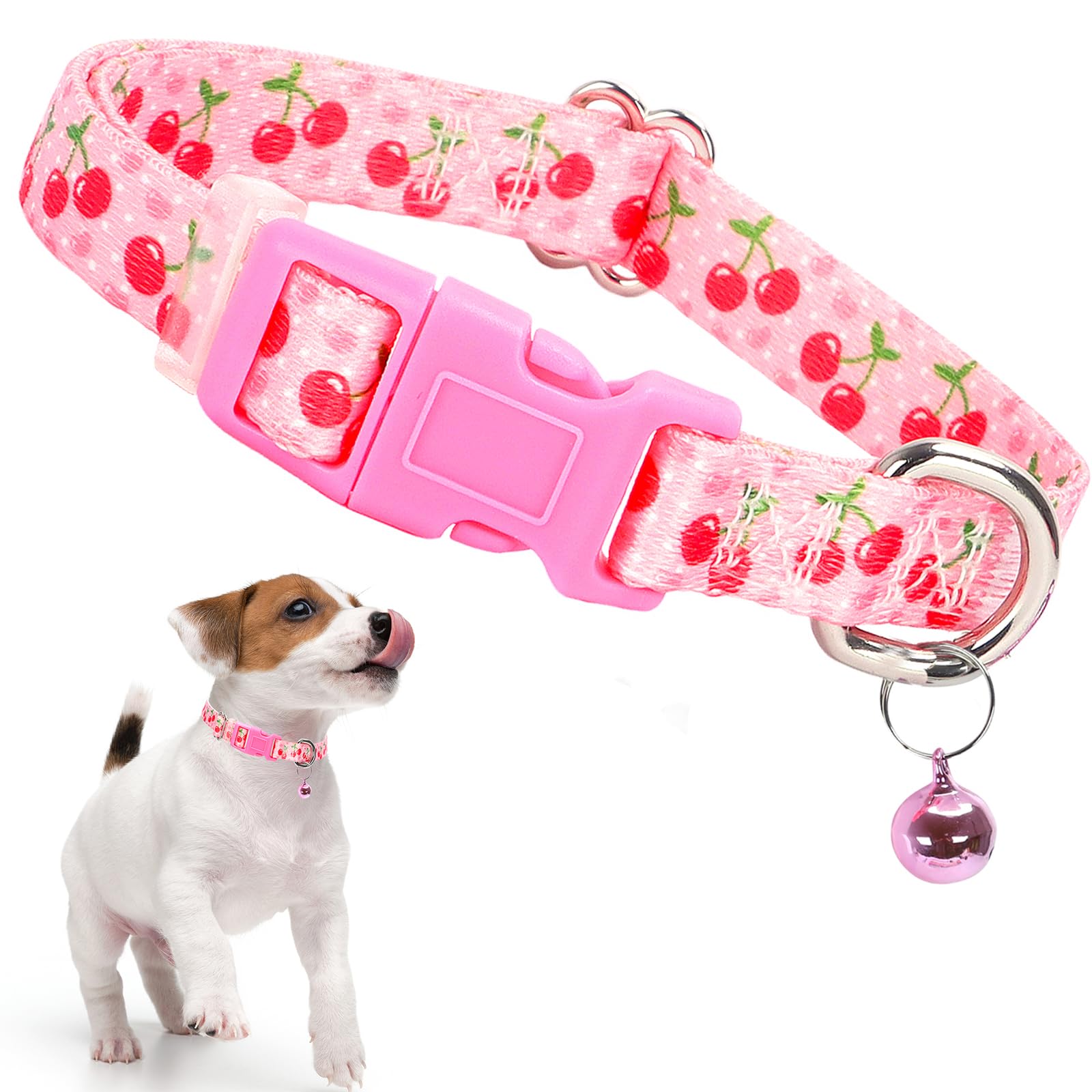 Cute Small Dog Collar With Bell,Pink Cherry Puppy Collar Tiny Cat Collars With Bells For Xs Small Pet Boy And Girl Dogs Kitten L