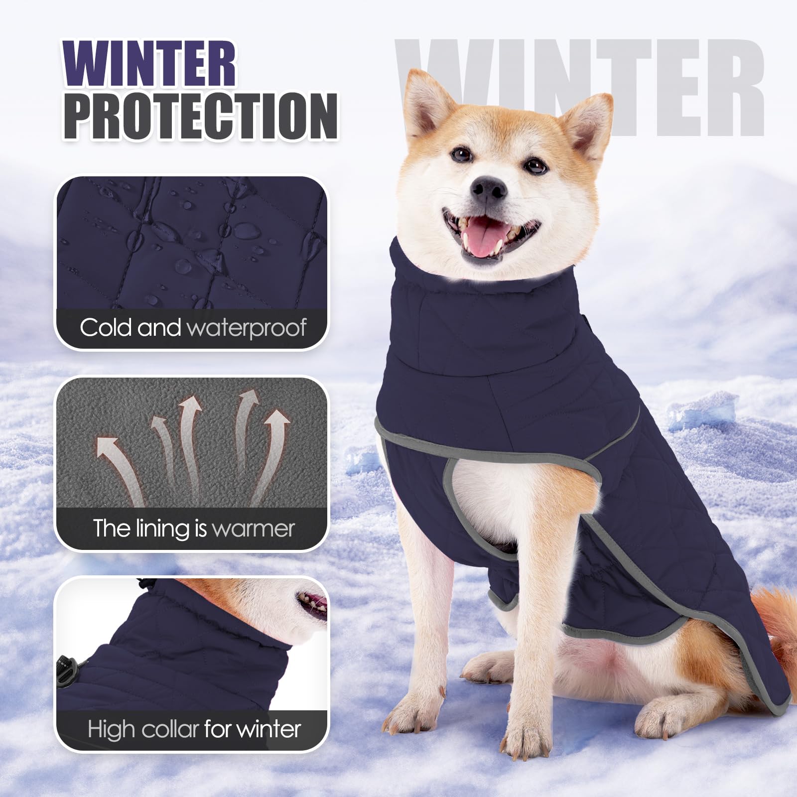 Pinellia Dog Winter Coat, Waterproof & Windproof, Reflective, Blue, S, M, L