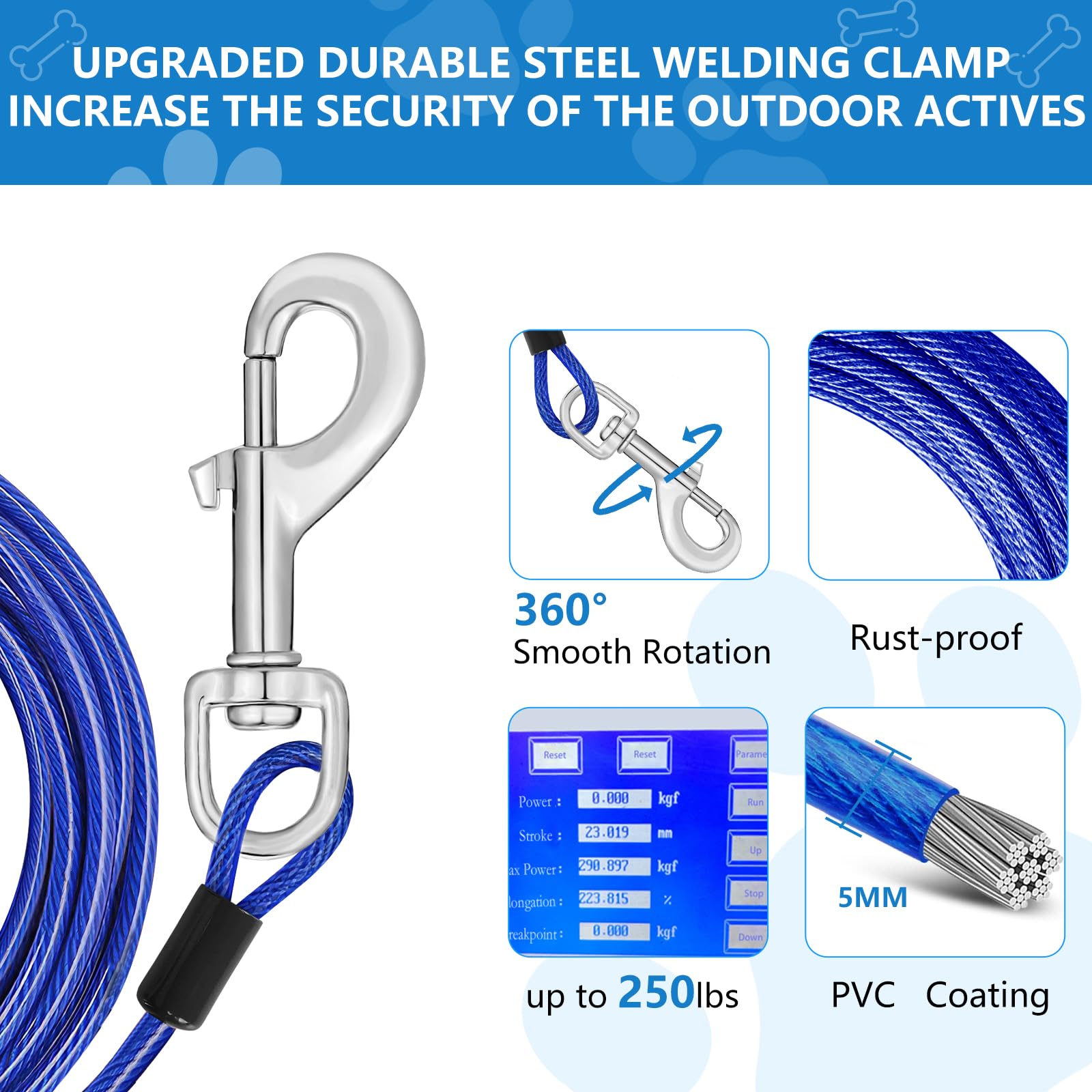 50Ft Dog Tie Out Cable, Dog Leash Heavy Duty Tie Out Cable For Large Dogs Up To 125Lbs Pull Force, Dogs Runner For Yard Outdoor