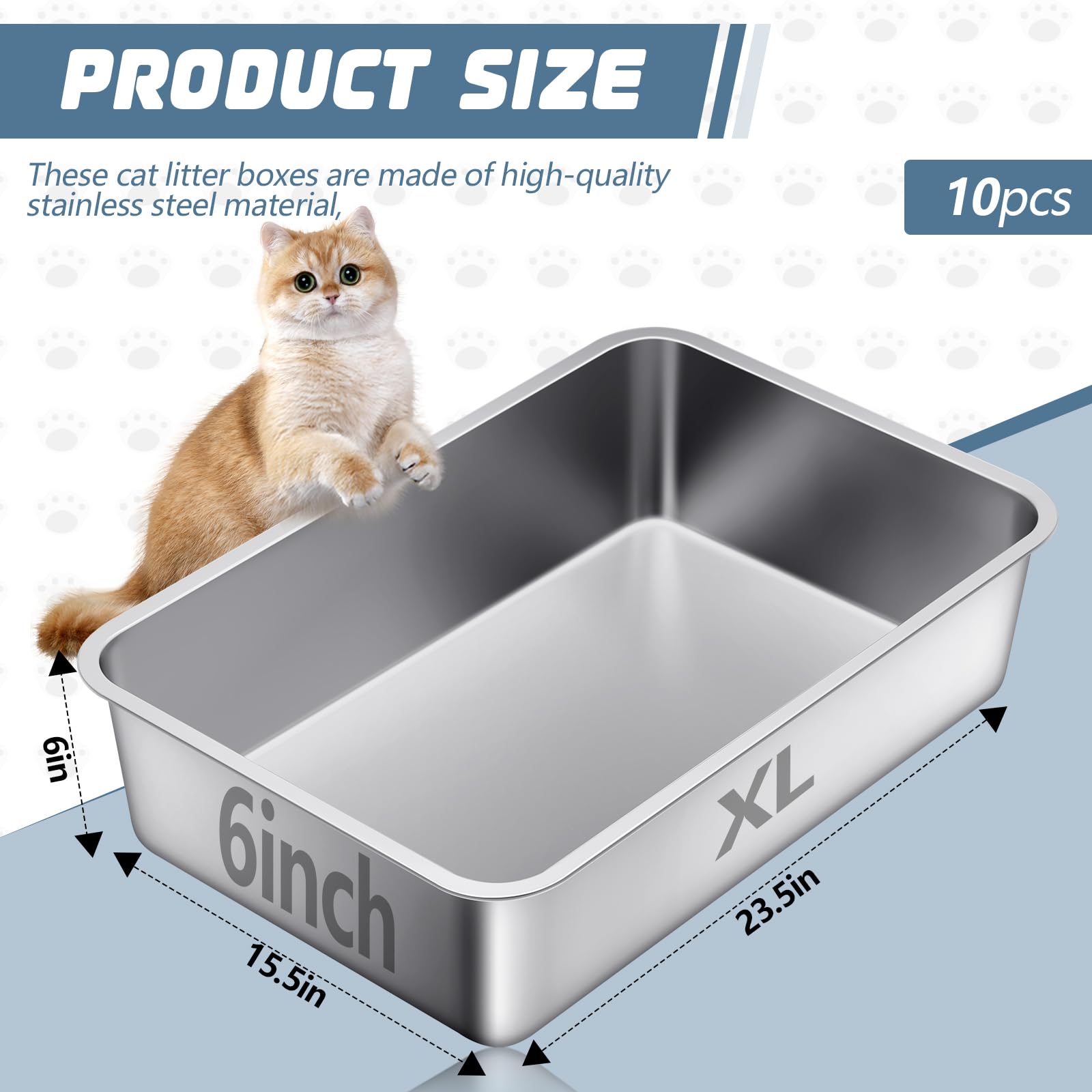 Tioncy Stainless Steel Cat Litter Box - Extra Large 23.5x15.5x6 Inch, Non-Stick, Rustproof, High Sides, Silver Finish