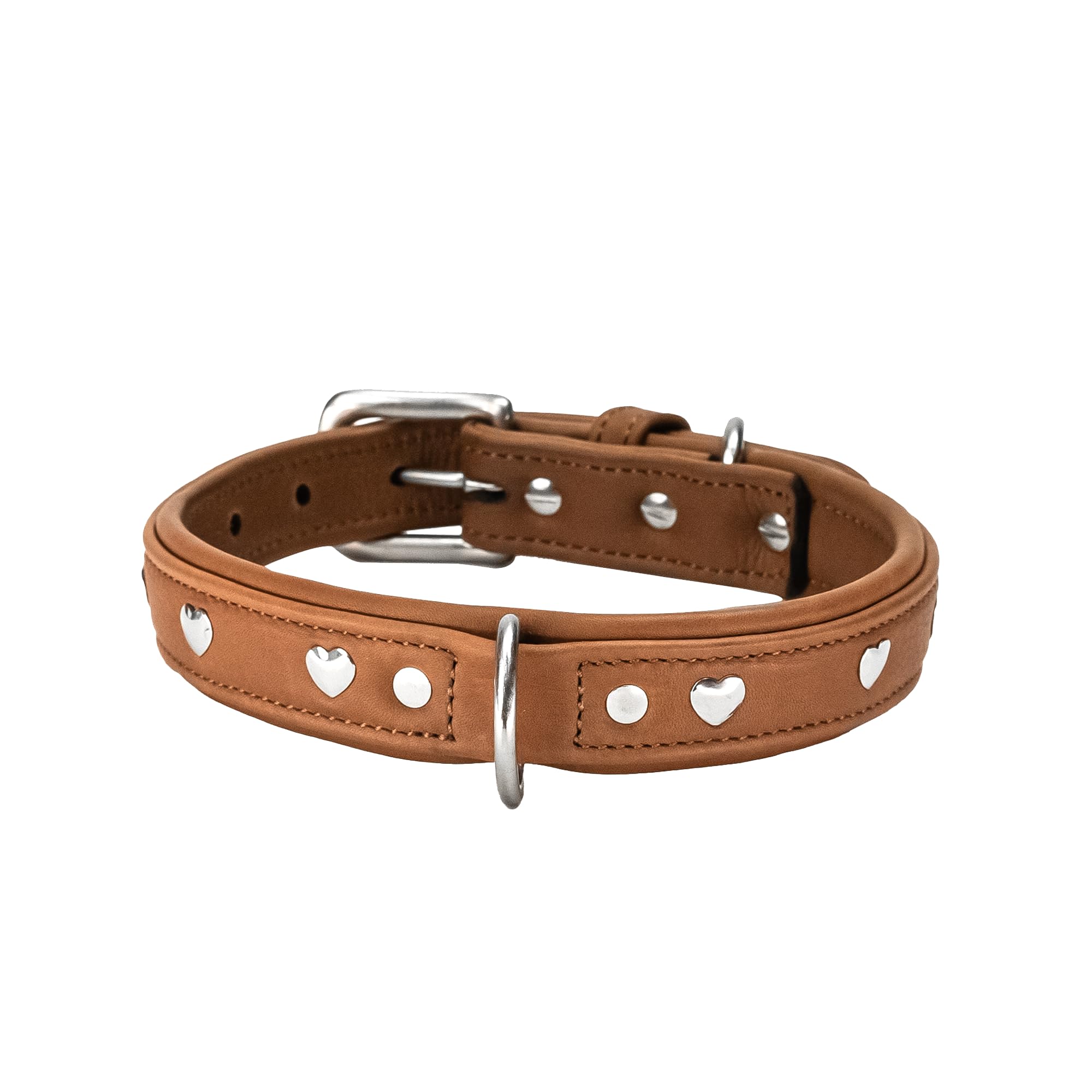 AdilS Genuine Leather Heart Studded Dog Collar 1 Inches Width, Neck Size: M (1620), Cognac Leather Dog Collar With Soft Paddi