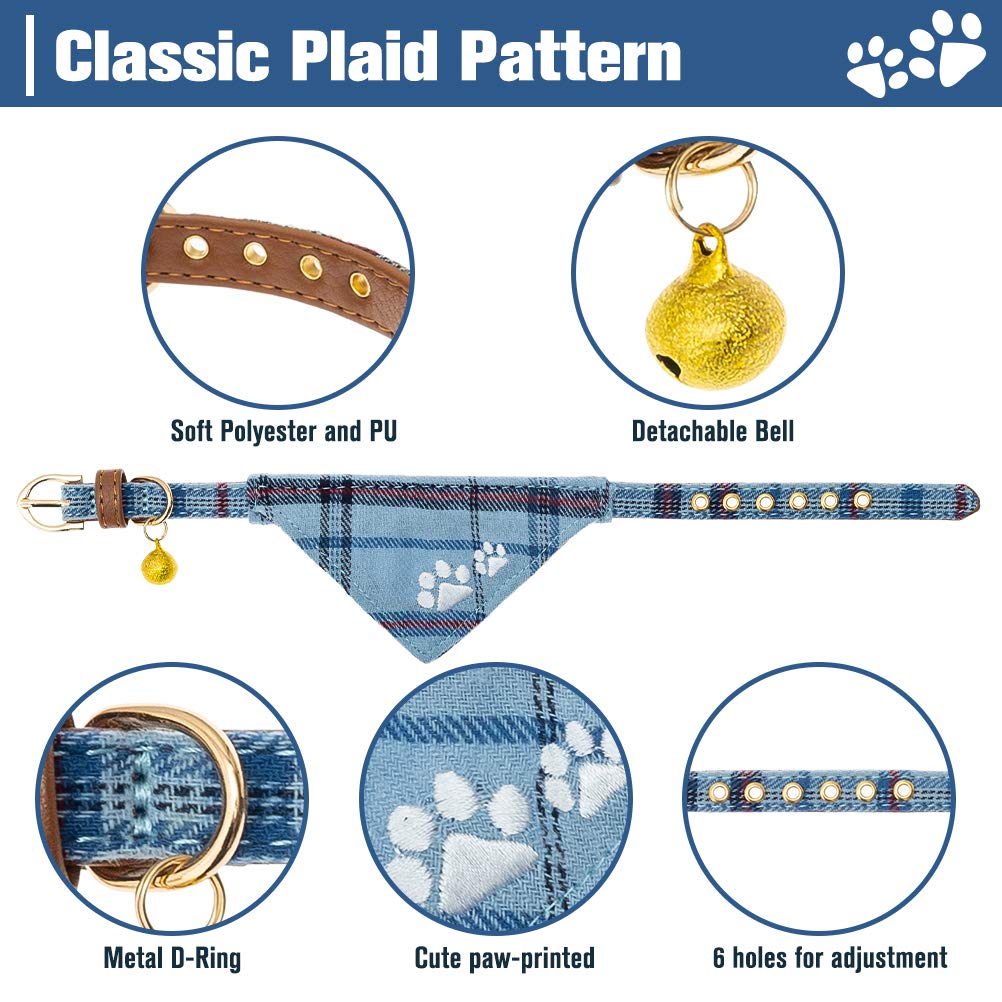 Expawlorer Puppy Collar And Leash Set - Embroidery Pawprints Plaid Dog Collar And Dog Leash Set, Bow Tie And Bandana Dog Collar With Bell, Cute Collar And Leash For Dogs Cats Outdoor Walking, Blue Xs