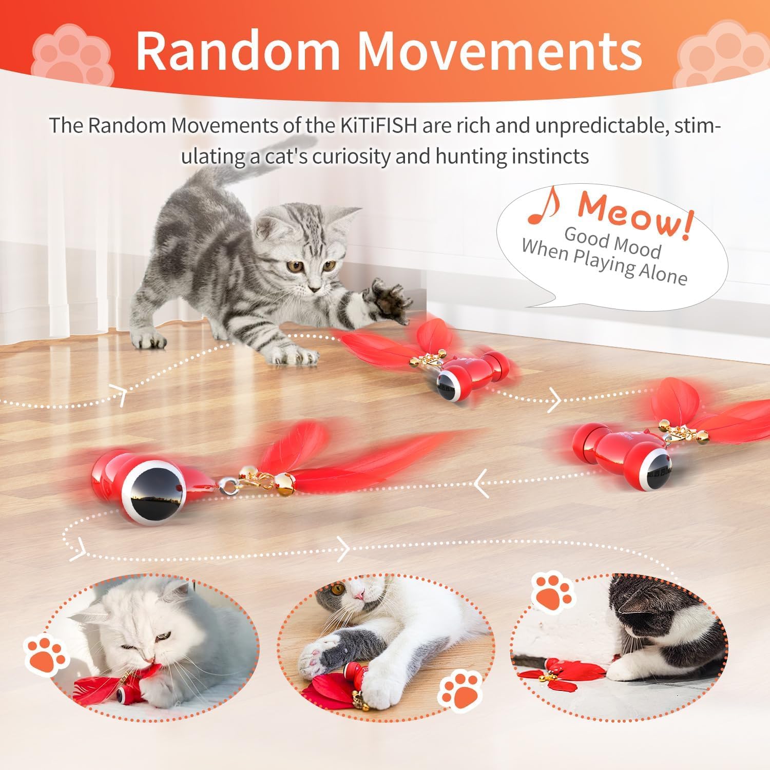 Duasdne Interactive Cat Toys The Kitifish Rechargeable Automatic Cat Toy For Indoor Cats With Feather And Bell Fast Rolling On H