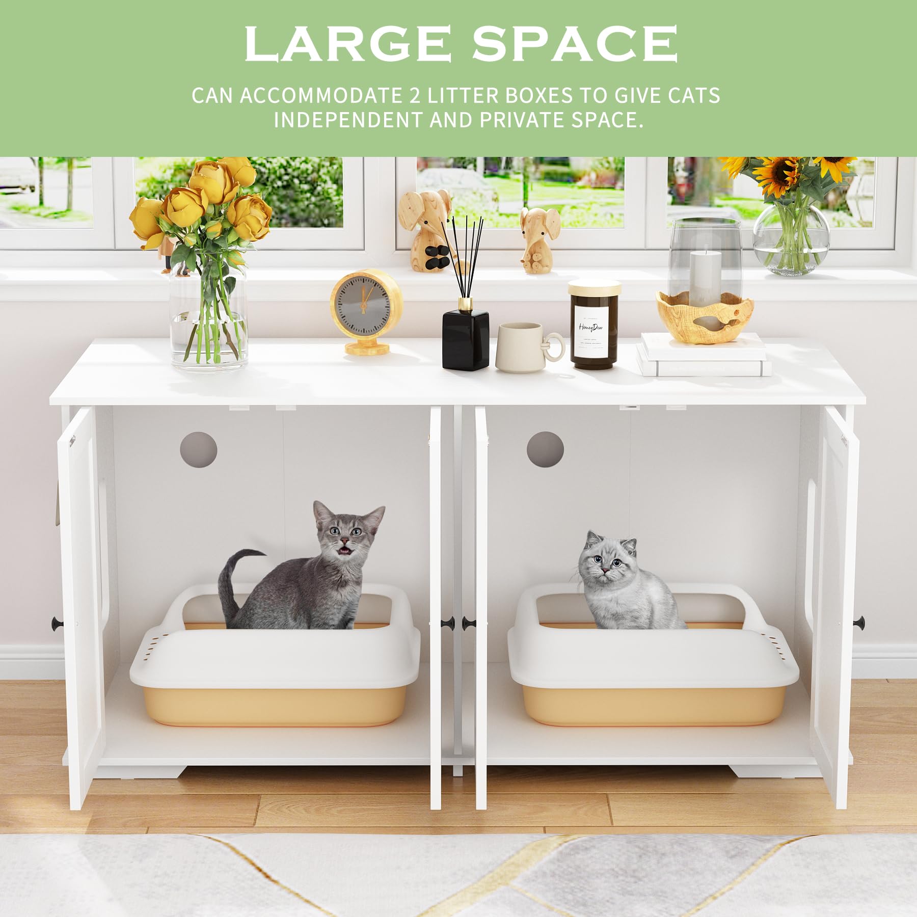 Moolive Cat Litter Box Enclosure, 47.2'' Double Hidden Litter Box Furniture Cabinet With 4 Doors And Divider, Large Cat Washroom