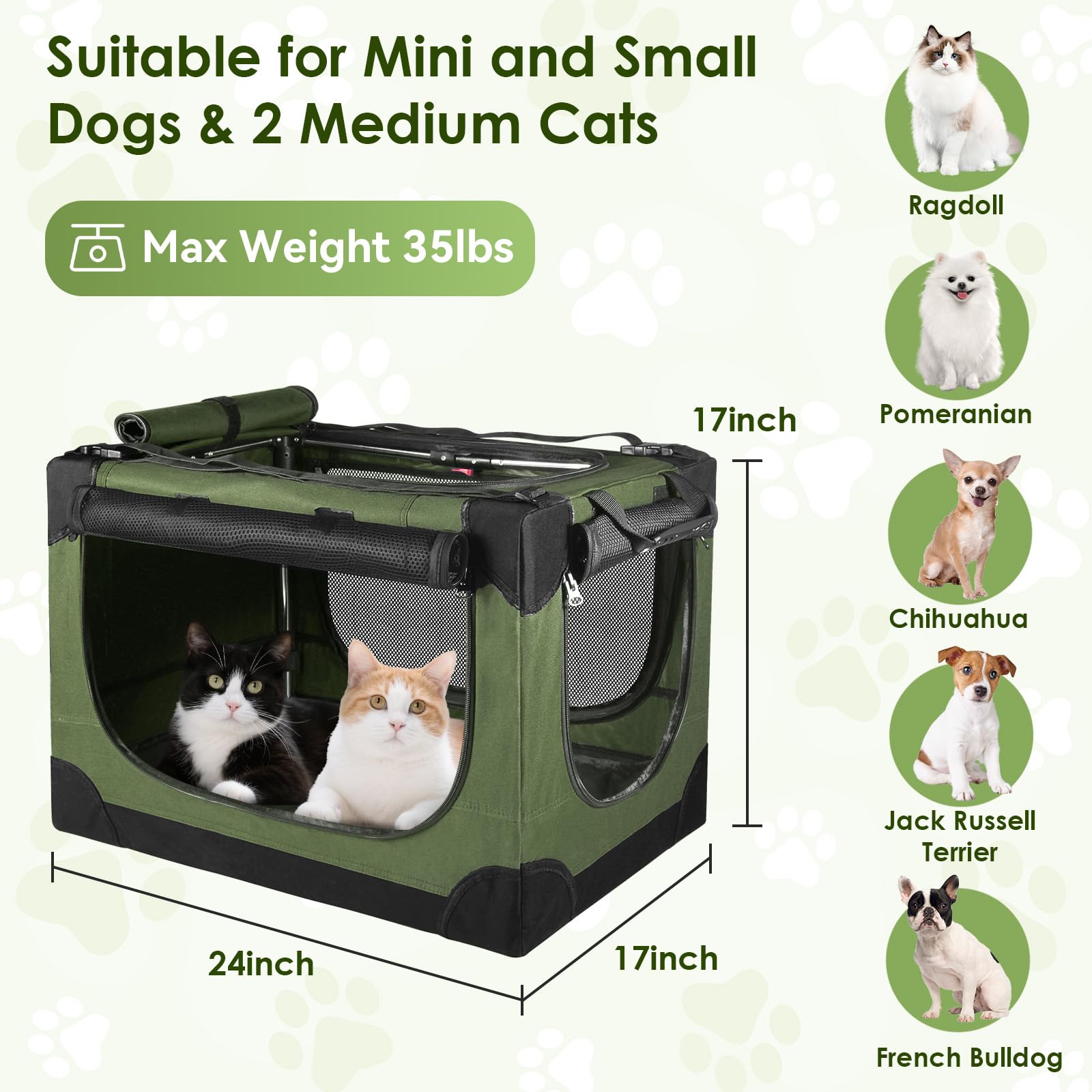 Crazydeer Soft Small Dog Crate - 24 inch Portable Travel Puppy Crate for Small Pets or 2 Cats, Collapsible Pet Carrier with 4 Me