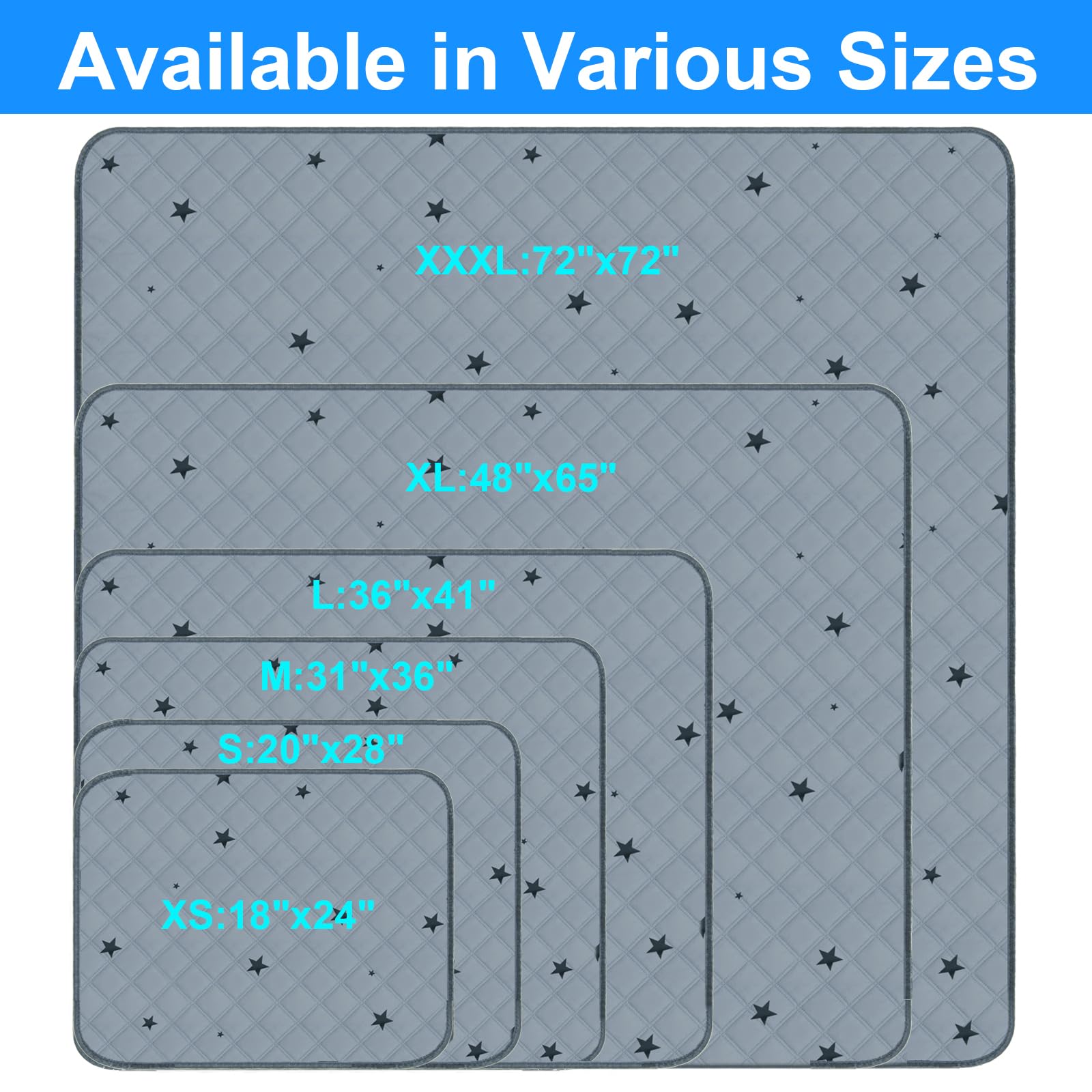 Rioussi Washable Pee Pads For Dogs, Reusable, Absorbent, Leakproof, Non Slip Pet Puppy Pads For Potty Training. Gray Stars, 24X3