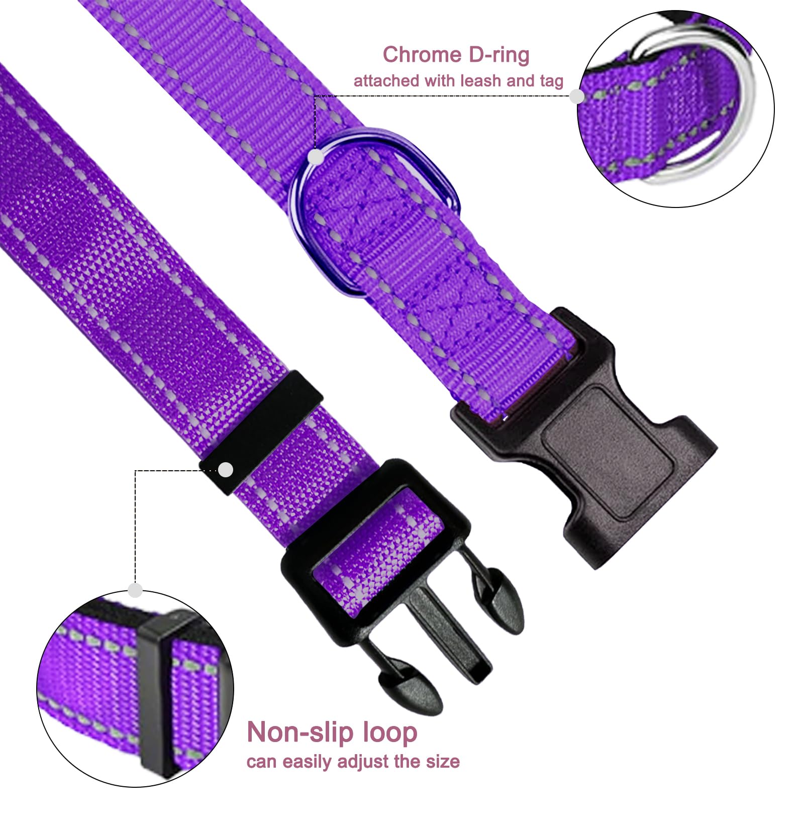 Medium Dog Collar, Reflective Pet Collar With Buckle Adjustable Safety Nylon Collars For Small Medium Large Dogs, Purple