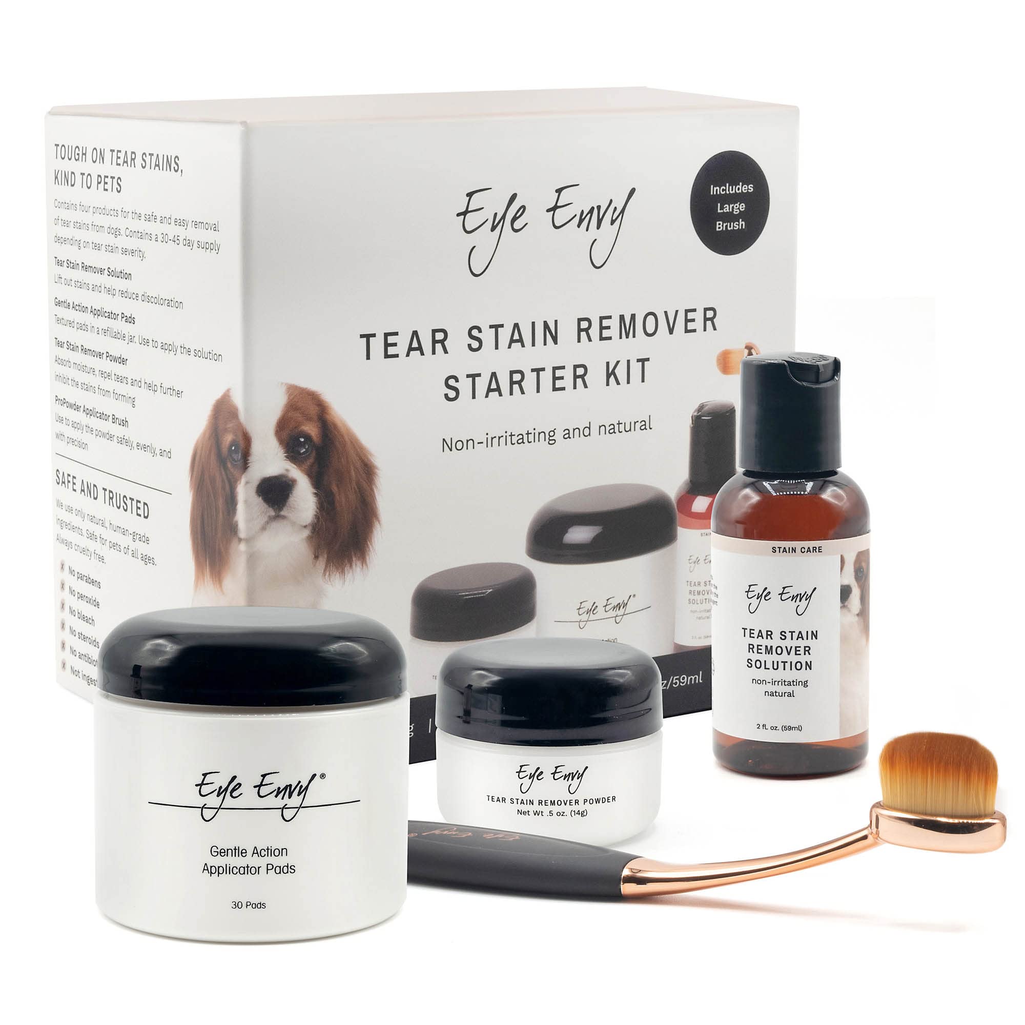 Eye Envy Dog Tear Stain Remover Starter Kit with ProPowder Brush | Stain Solution, Applicator Pads, Stain Powder and Large Appli