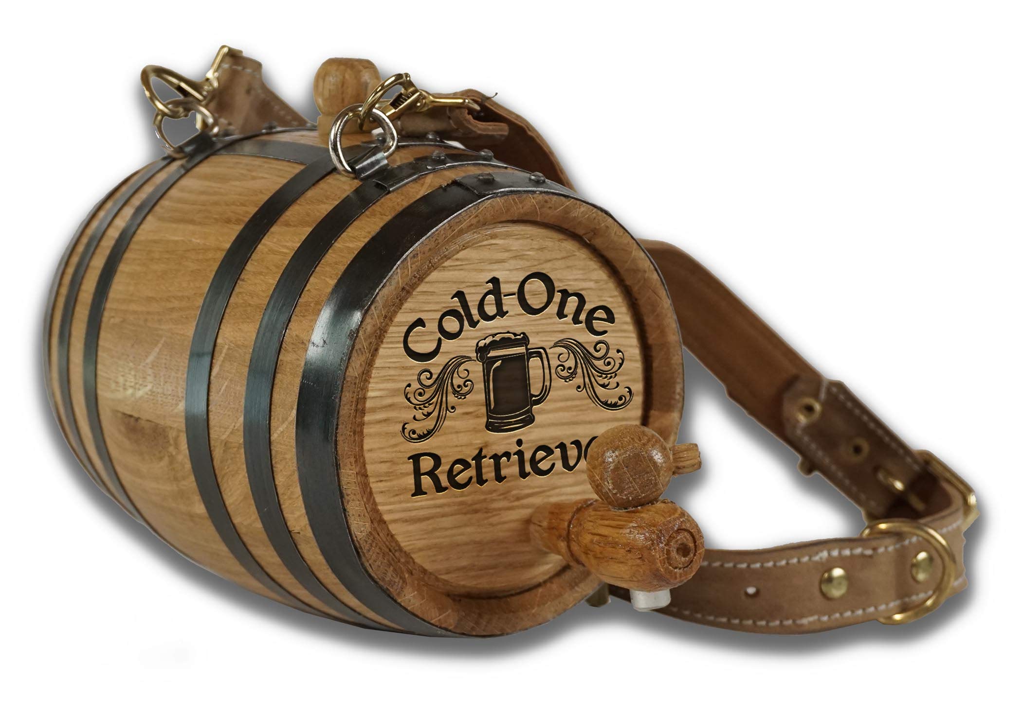 St Bernard Whiskey Barrel Collar For Dog, 'Cold-One Retreiver' - 1/2 Liter Oak Aging Barrel Dispenser For Saint Bernard Dogs Wit