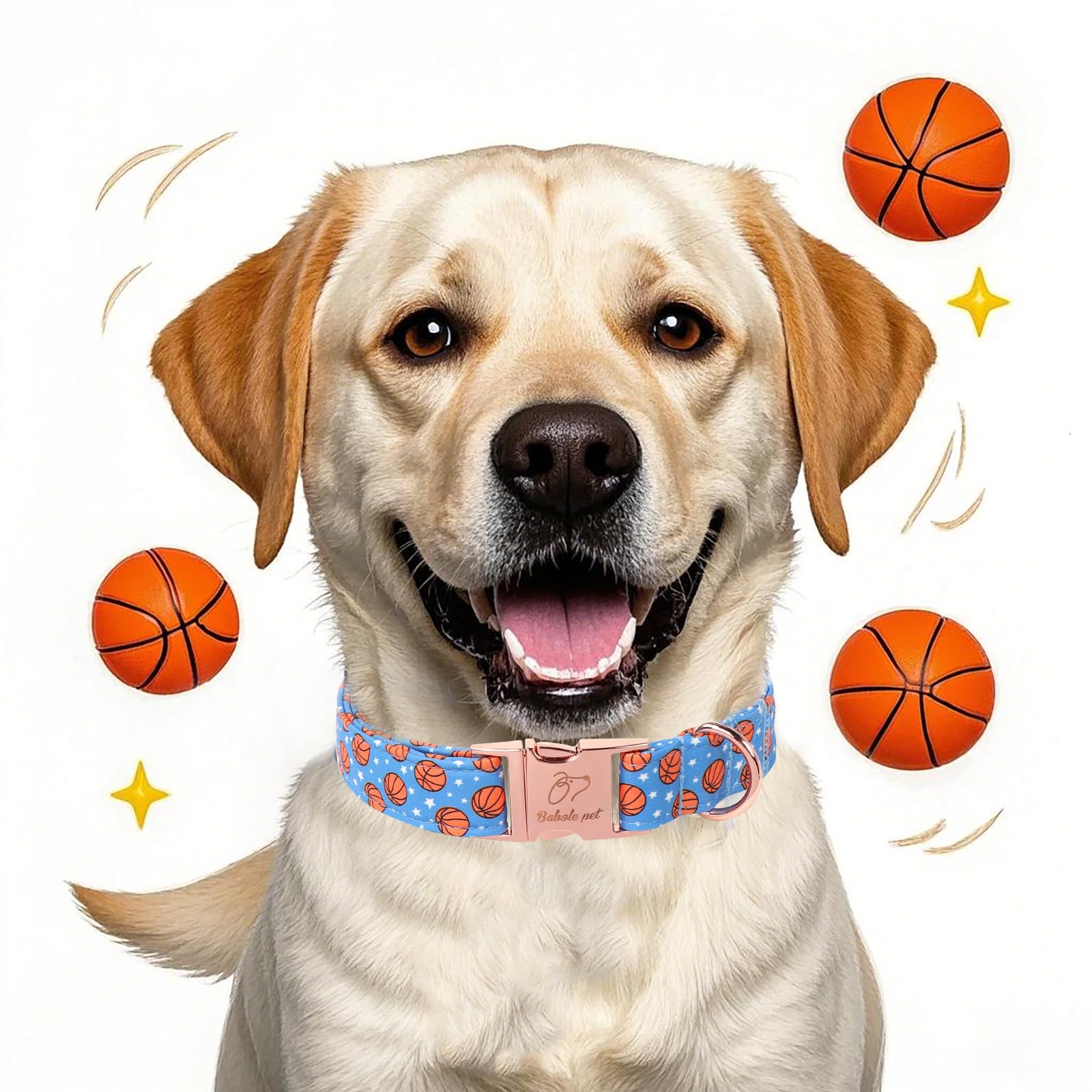 Babole Pet Adjustable Boy Dog Collar - Cute Blue Basketball Print Dog Collars For Puppy & Tiny Dogs, Durable Pet Heavy Duty Meta