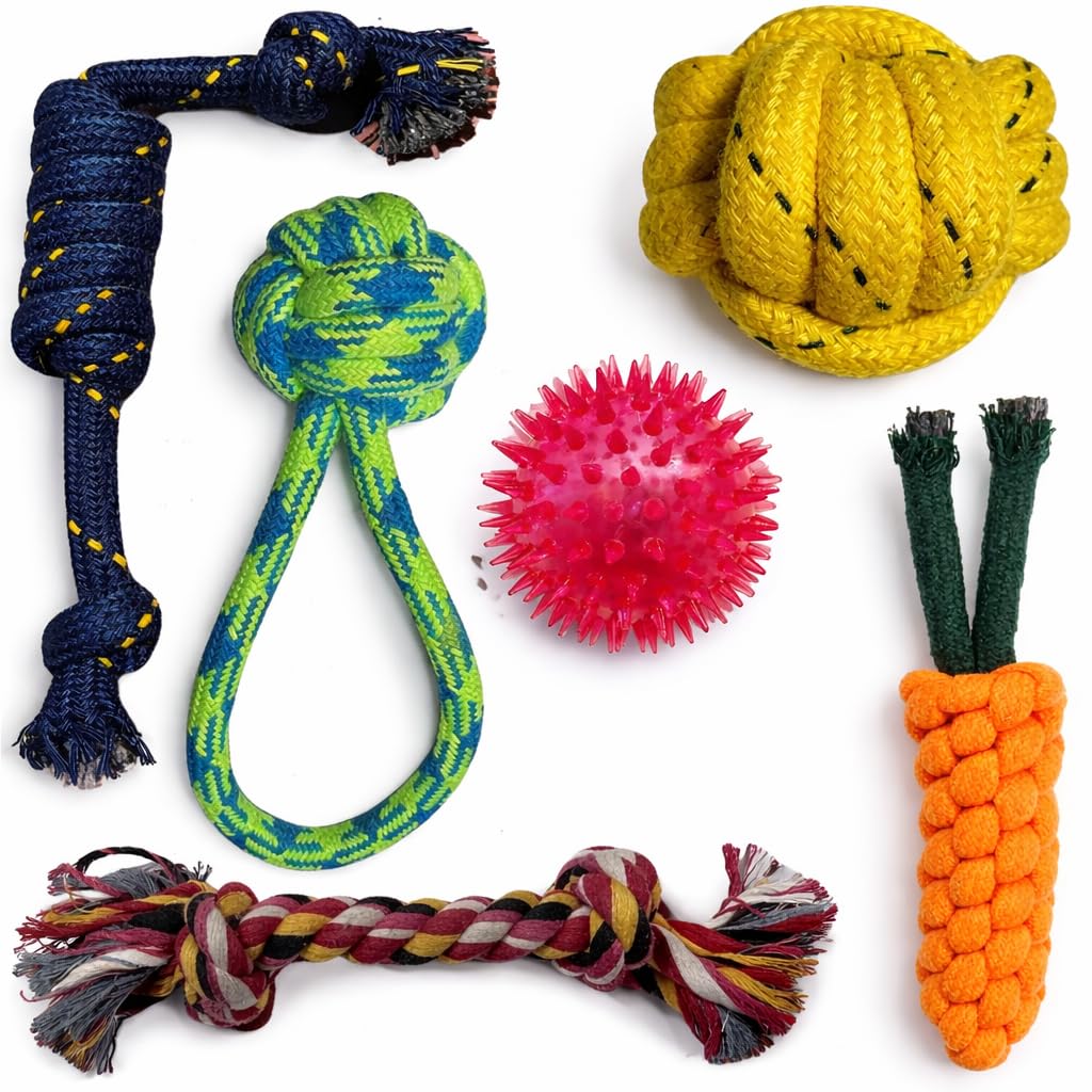 Waggy Tails Dog And Puppy Toy Set Pack Of 6  Chew, Teething, Rope And Tug Toys For Small To Medium Dogs, Washable Cotton Toys F