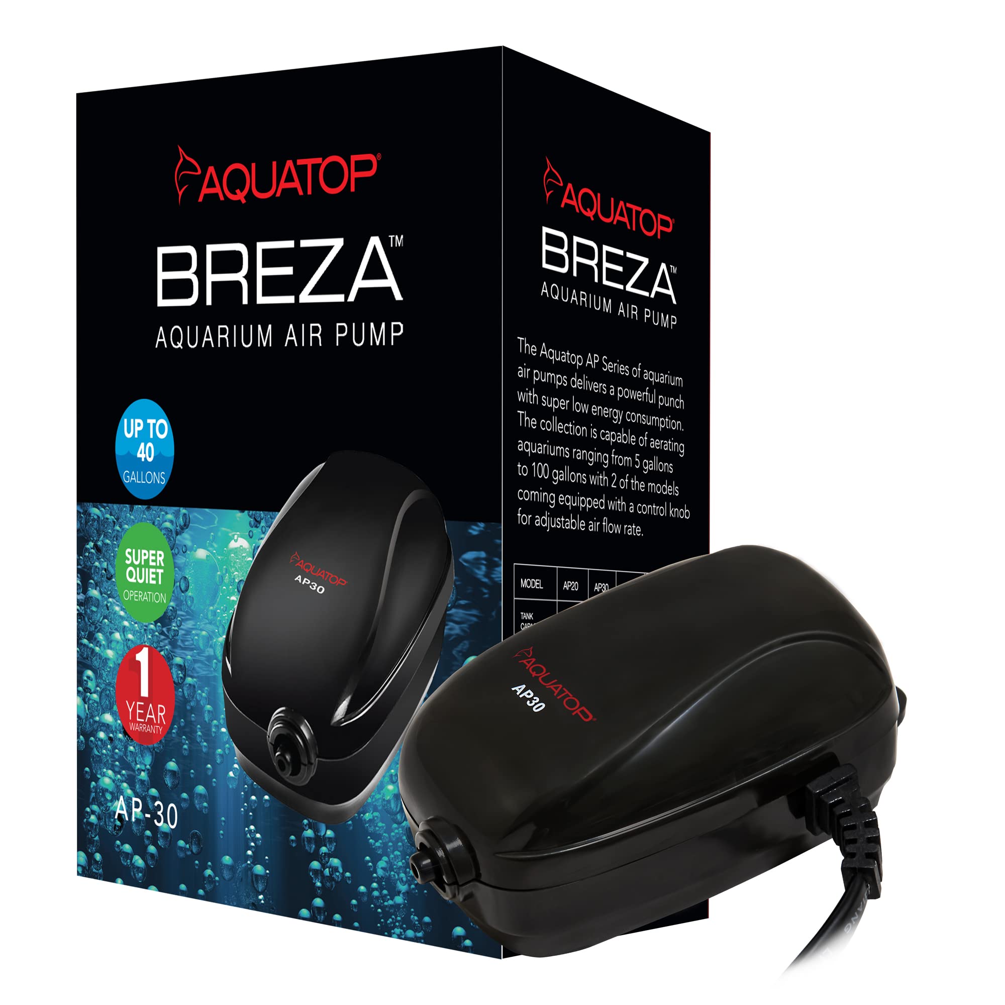 Aquatop Breza Aquarium Air Pump Single Outlet, Super Quiet, up to 40 Gal Fish Tank, AP-30