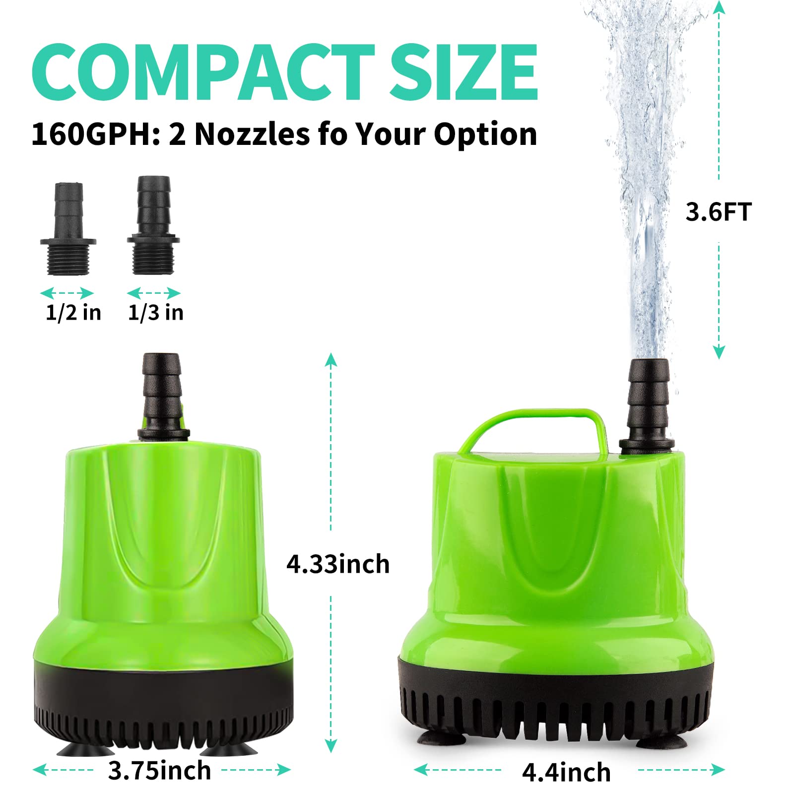 FREESEA Submersible Water Pump 160 GPH, 12W for Aquarium & Pond, Black, Model FR-PPU12-29