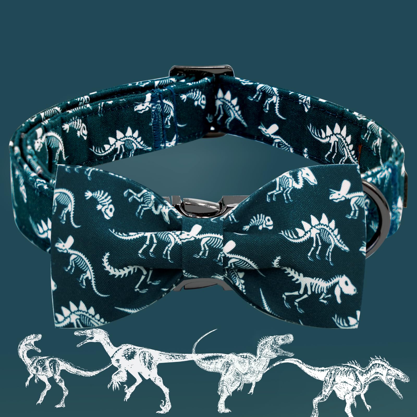 Elegant Little Tail Dog Collar, Dinosaurs Print Pet Collars With Bow Soft Cutton Boy Puppy Gift Adjustable Blue Bowtie Dog Colla