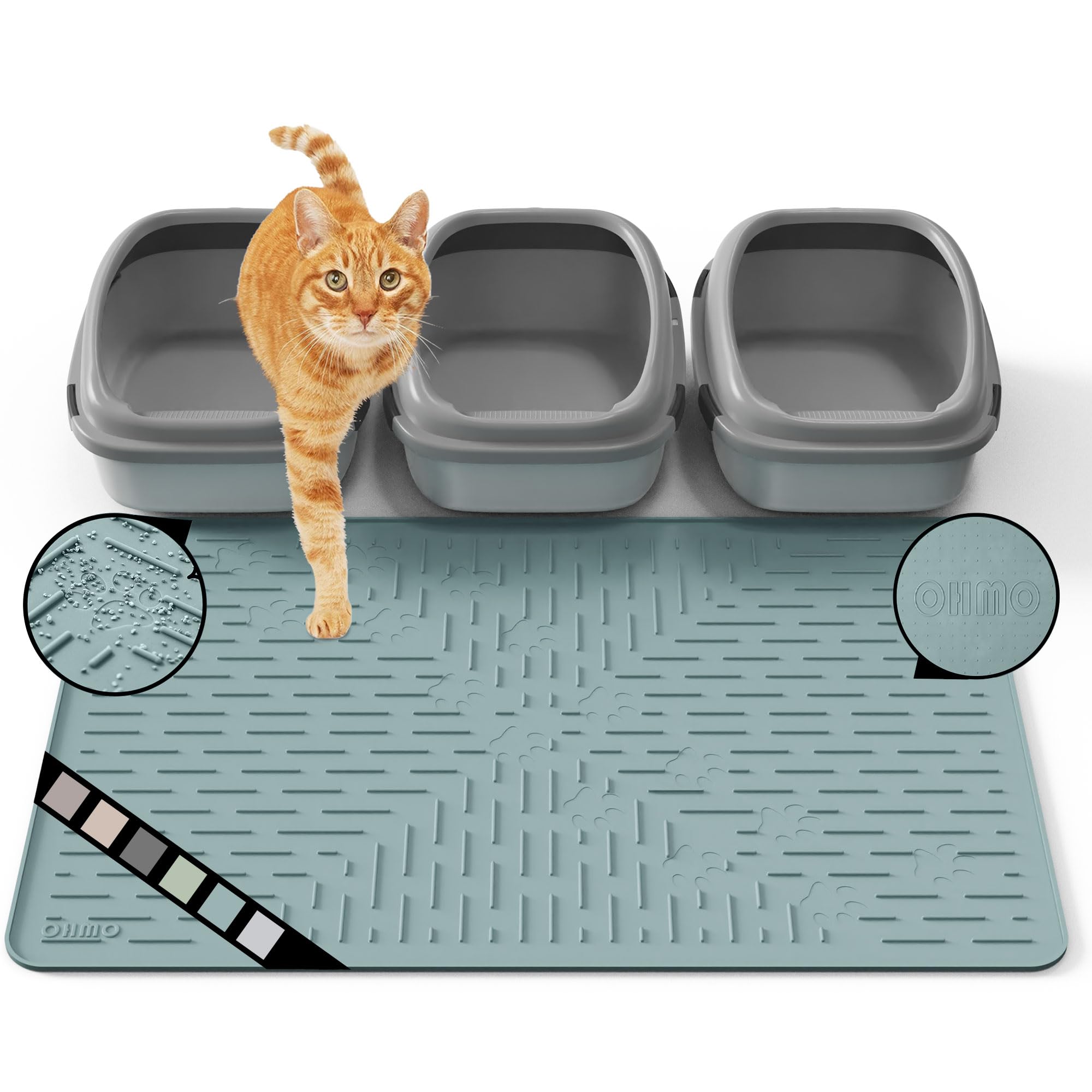OHMO Cat Litter Mat XXL Trapping Mat Premium Silicone Rubber 37.5x25.2 Light Blue, Waterproof and BPA Free Kitty Litter Box Mat,