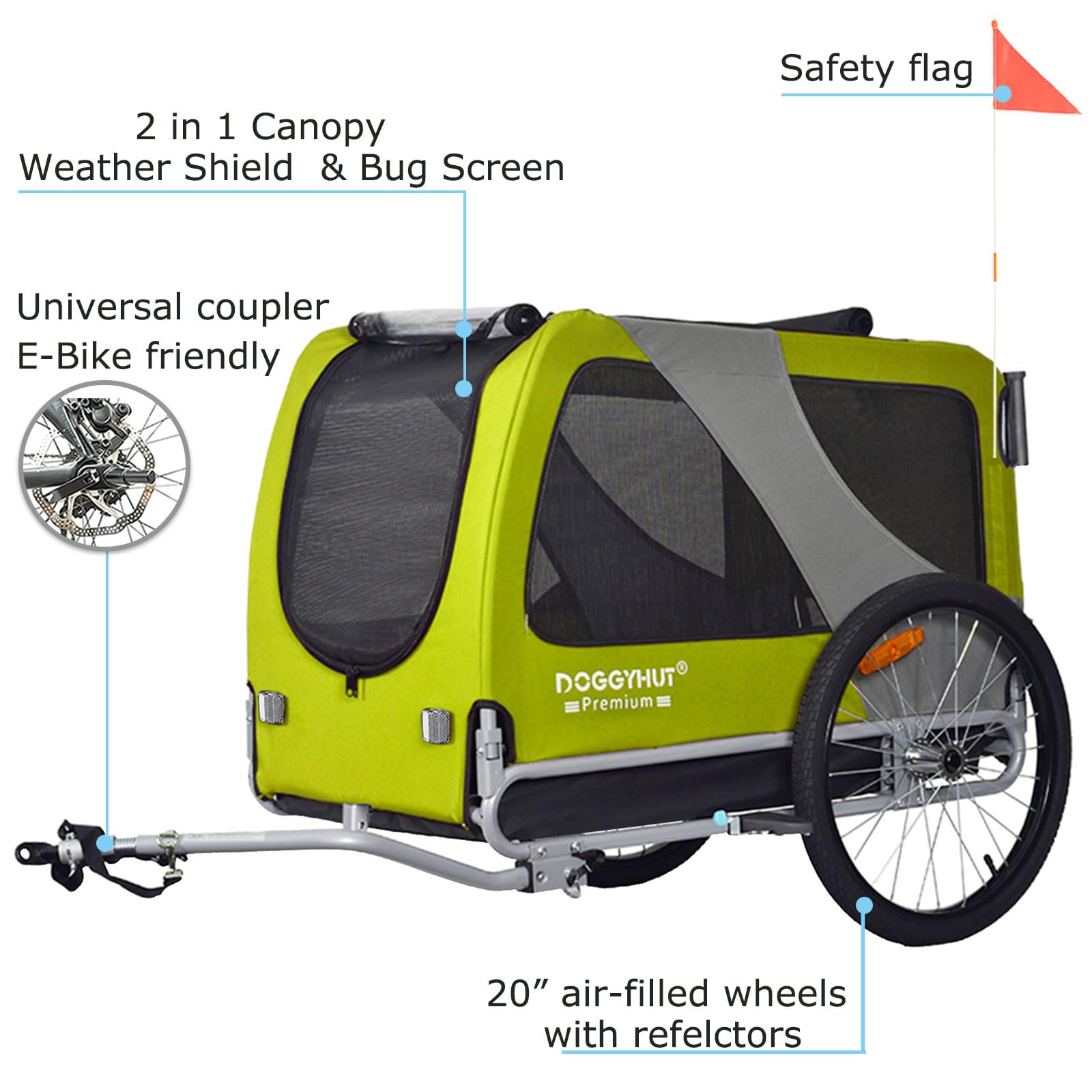 Doggyhut Premium Pet Bike Trailer & Stroller For Small,Medium Or Large Dogs,Bicycle Trailer For Dogs Up To 100 Lbs (Lime Green, Xl)