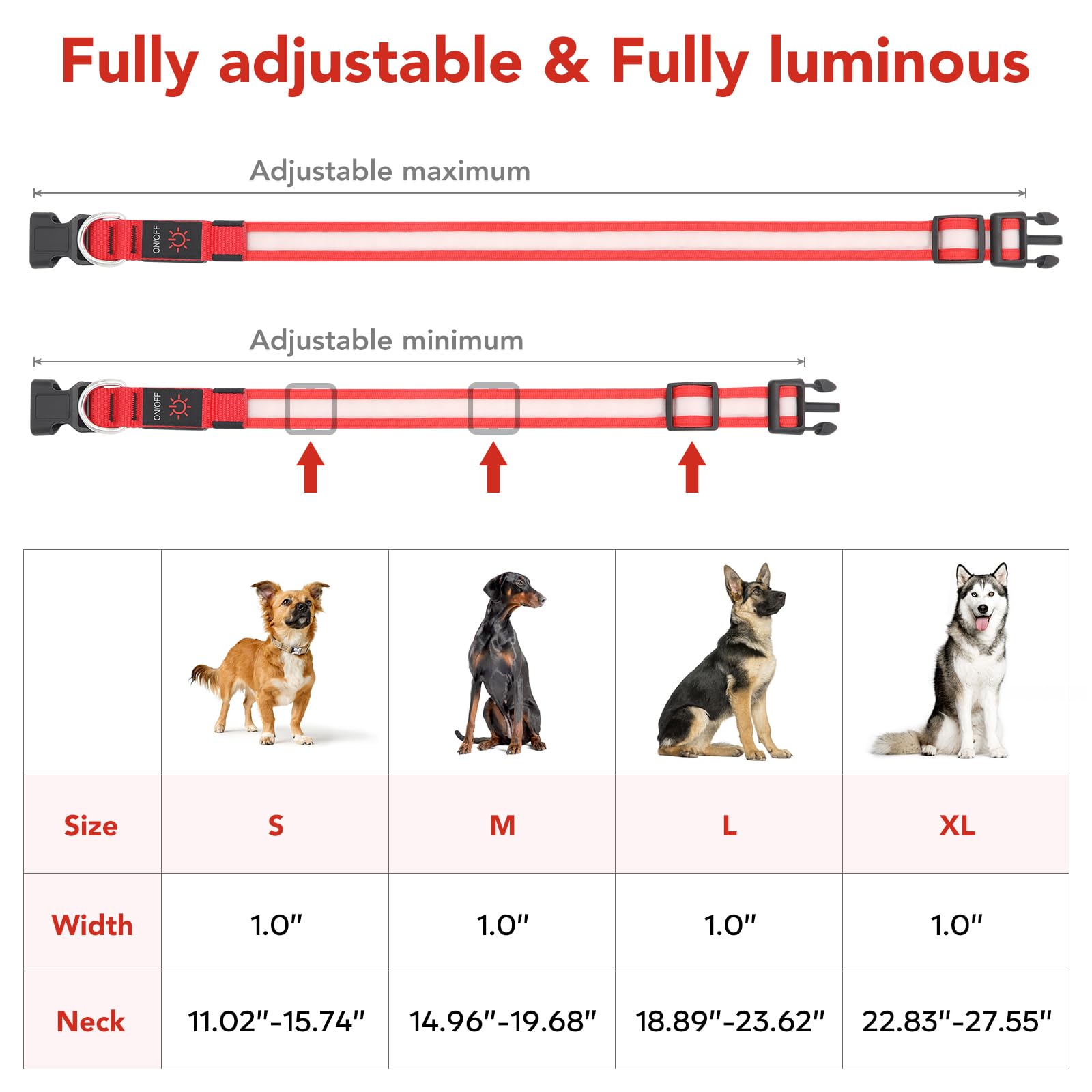 VIZPET LED Dog Collar - Adjustable, USB Rechargeable, Super Bright, X-Large (Red) - Safety Light Glowing Collar for Dogs