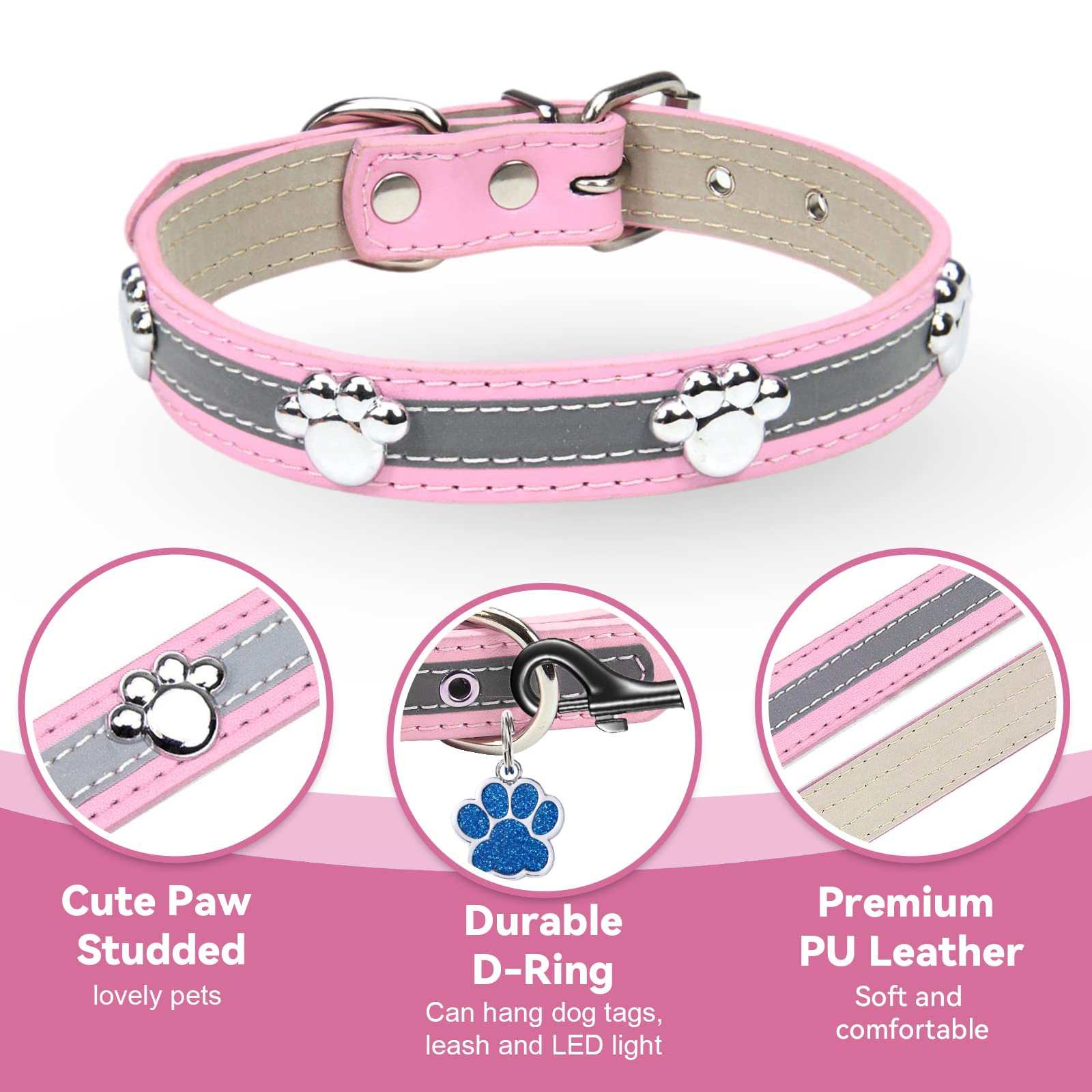Petcare Reflective Dog Collar With Cute Paw Rivet Studded Funny Soft Pu Leather Adjustable Puppy Dog Collars For Small Medium Large Dogs Cats (Pink,Small)