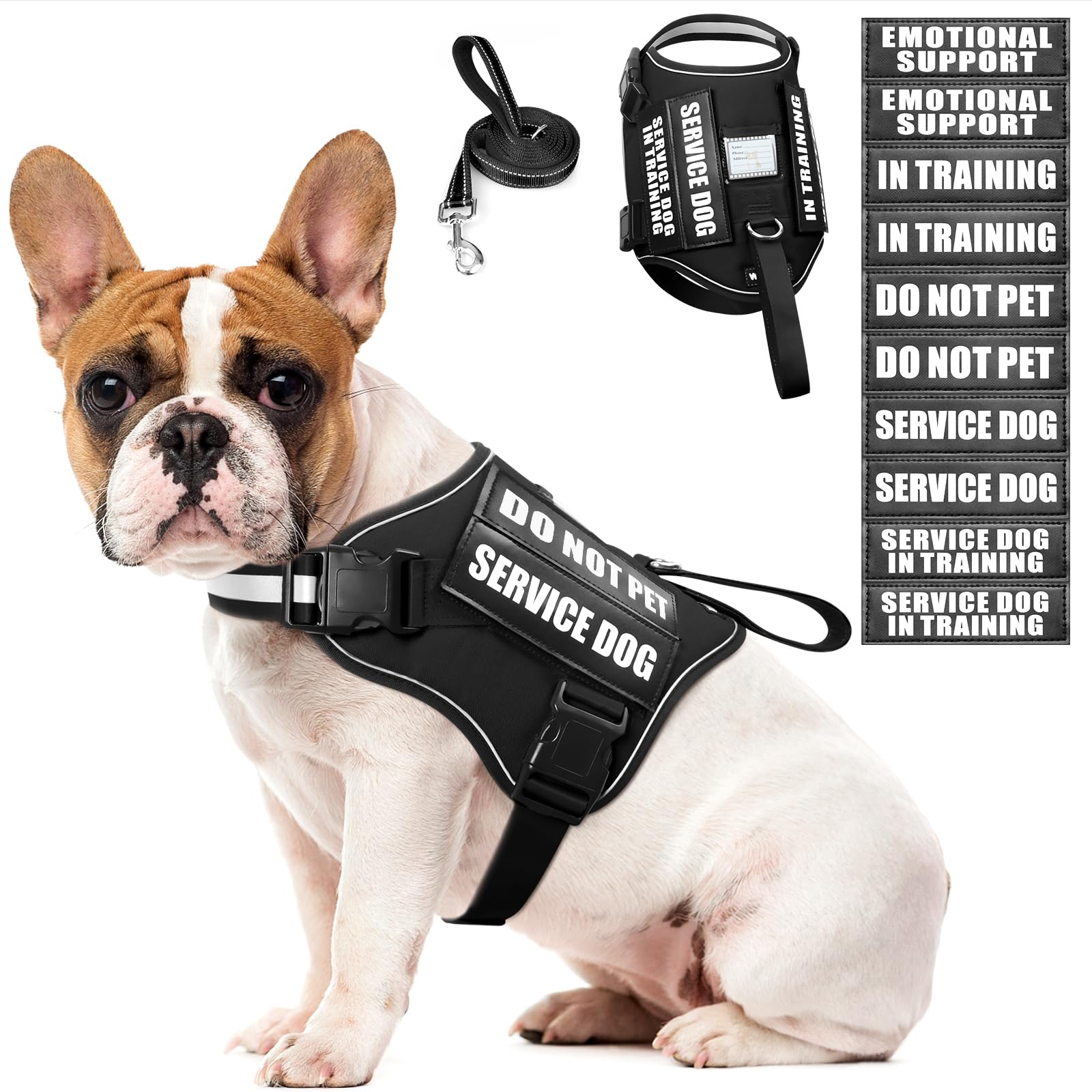 Winsee Dog Harness & Leash Set, Medium, Black - Reflective, Adjustable, W/ 10 Patches For Service, Therapy Dogs, Extra Durable