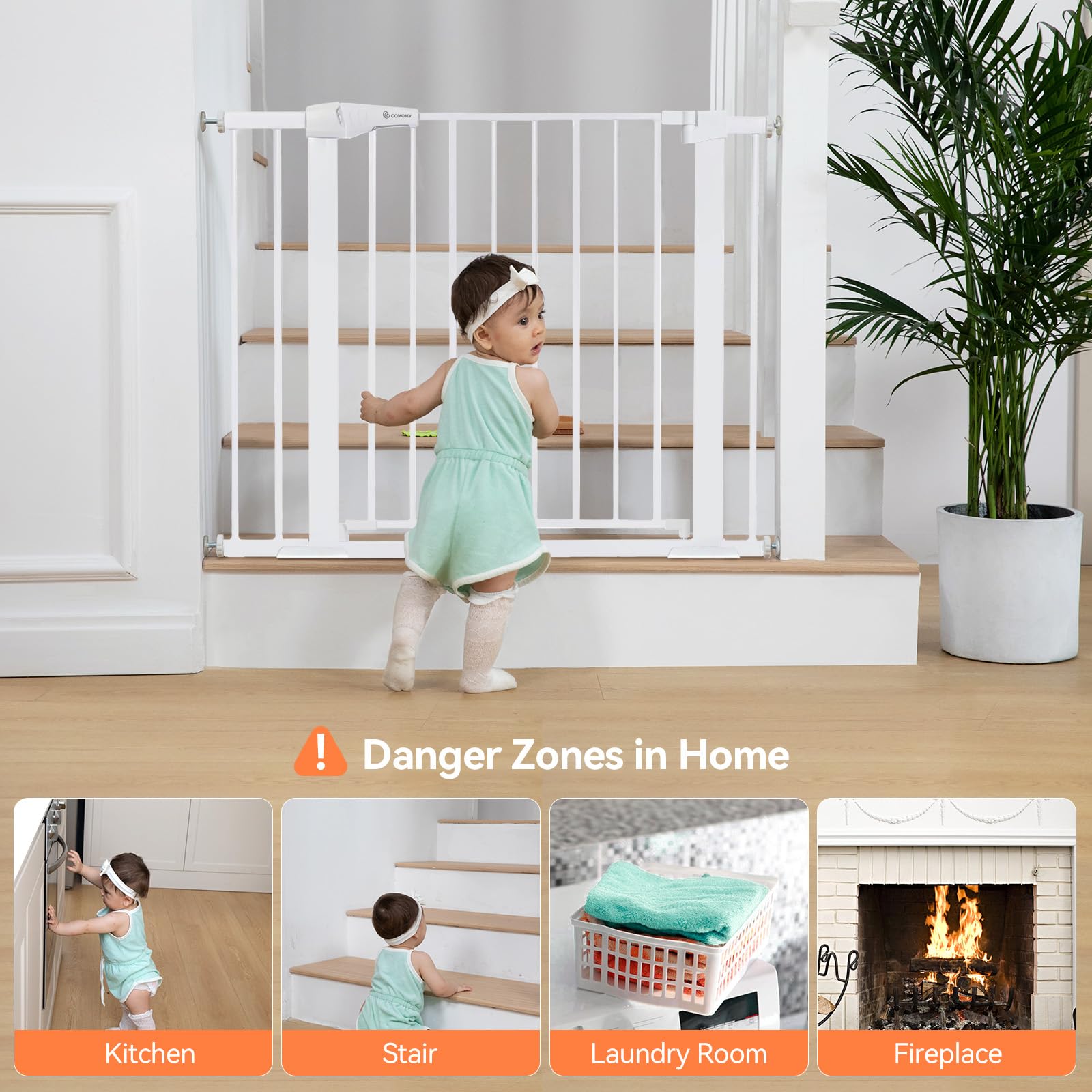 Comomy 30' Tall Baby Gate For Stairs Doorways, Fits Openings 29.5' To 40.5' Wide, Auto Close Extra Wide Dog Gate For House, Pressure Mounted Easy Walk Through Pet Gate With Door, White