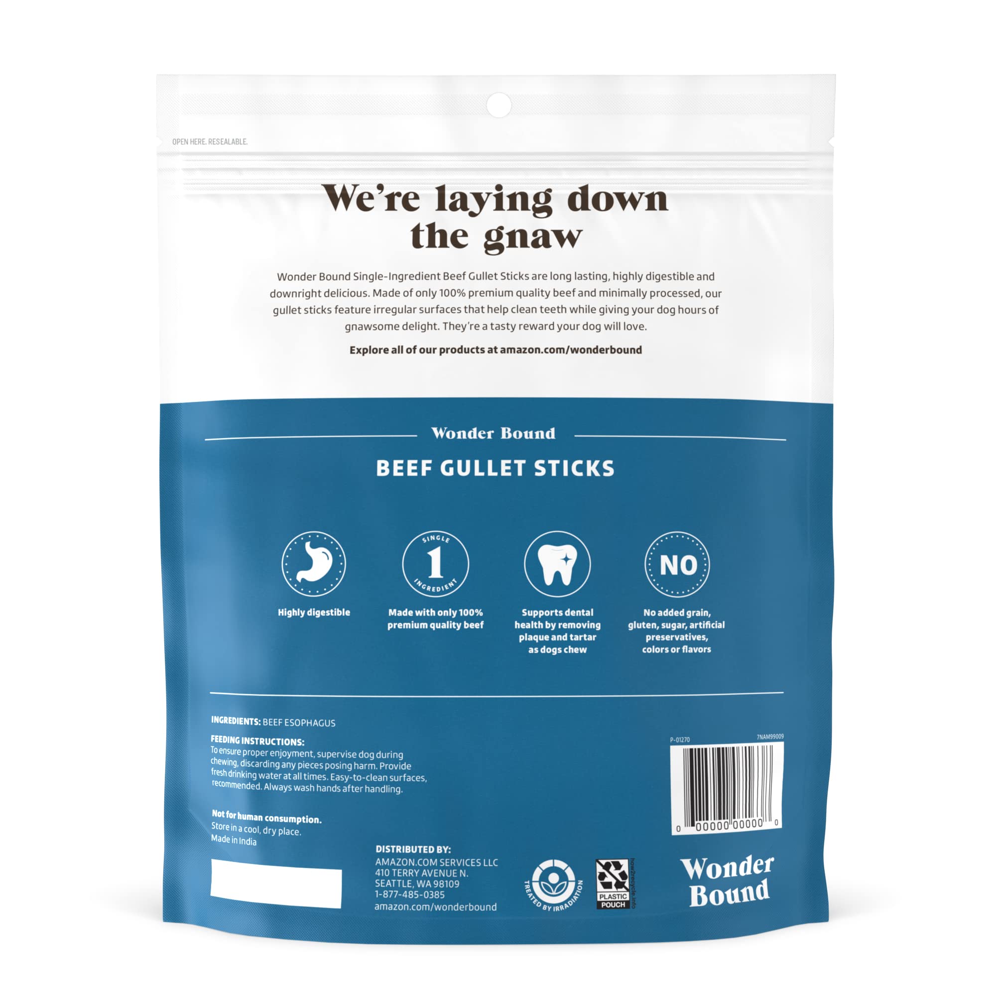 Amazon Brand - Wonder Bound Beef Gullet Sticks Dog Treats, 5-6 Inch, Pack of 25, Highly Digestible, Minimally Processed, 7.05 Ou