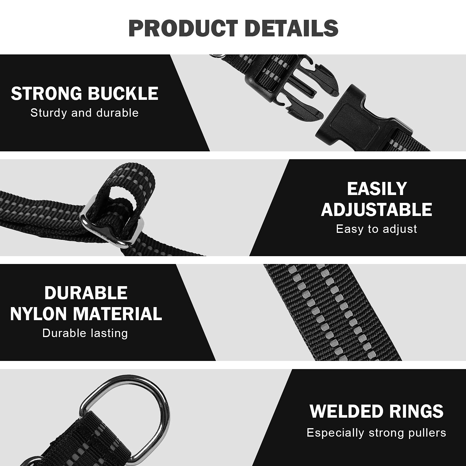 Hikiko Martingale Dog Collar - Reflective Nylon, Quick Release, Adjustable, Size M (13.5"-16.5" Neck), Black for Small to Large Dogs