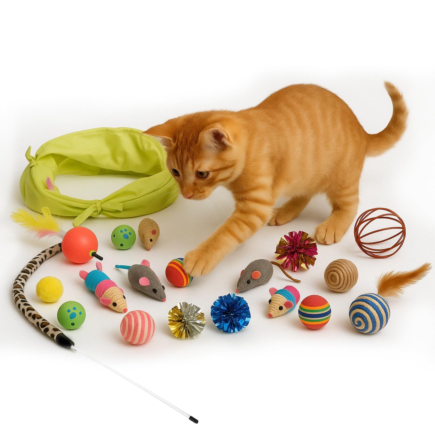 Petbabas 20 Pcs Cat Toy Set | Interactive Cat Teaser & Play Kit | Feather Wand, Plush Mice, Crinkle Balls, Tunnel & More | Indoo