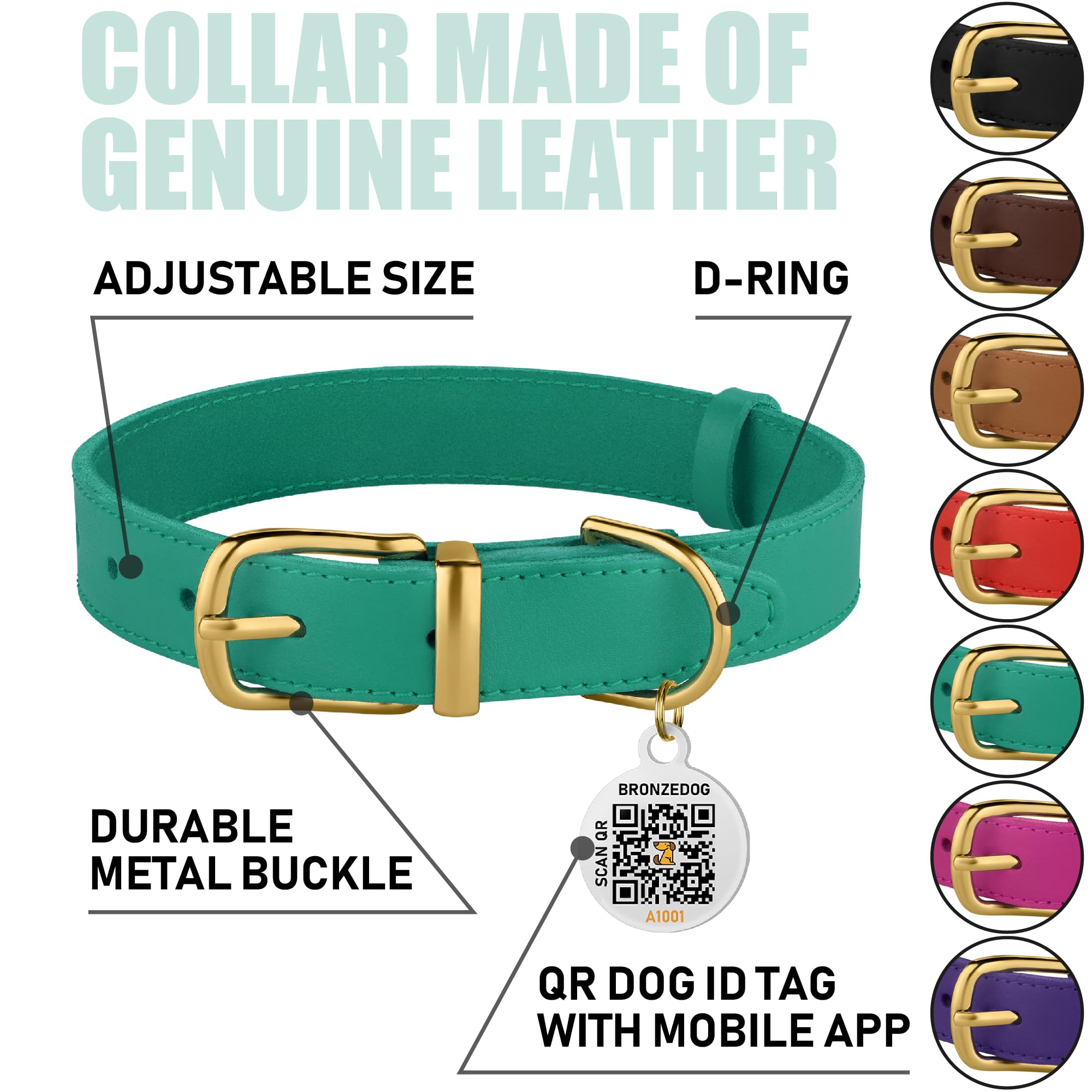 BRONZEDOG Leather Dog Collar - Durable Metal Buckle, 14-17 Inch, Green & Gold Buckle for Small Medium Large Dogs