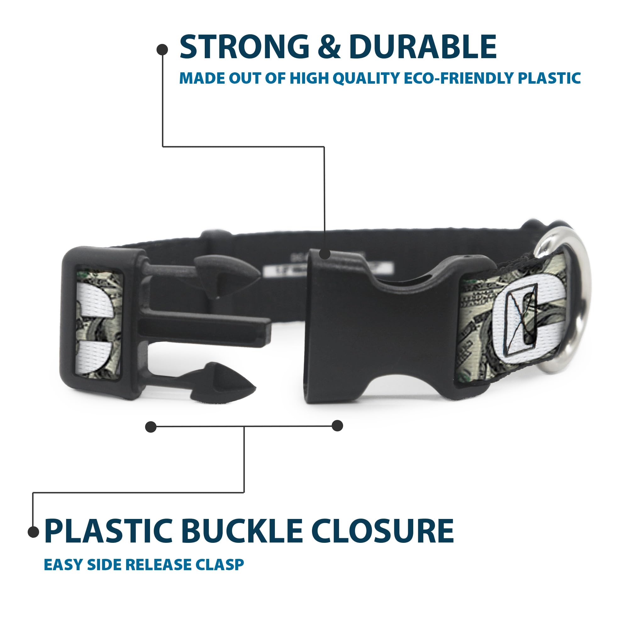 Buckle-Down 15-26'' Cash Money $ Dollars/White Plastic Clip Collar, Large