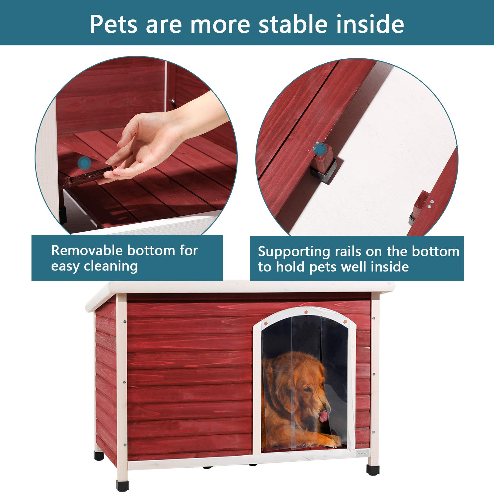 Petsfit Extra Large Dog House, Outdoor Wooden Dog House For Large Dogs, Red, 45.6'L X 31'W X 32'H