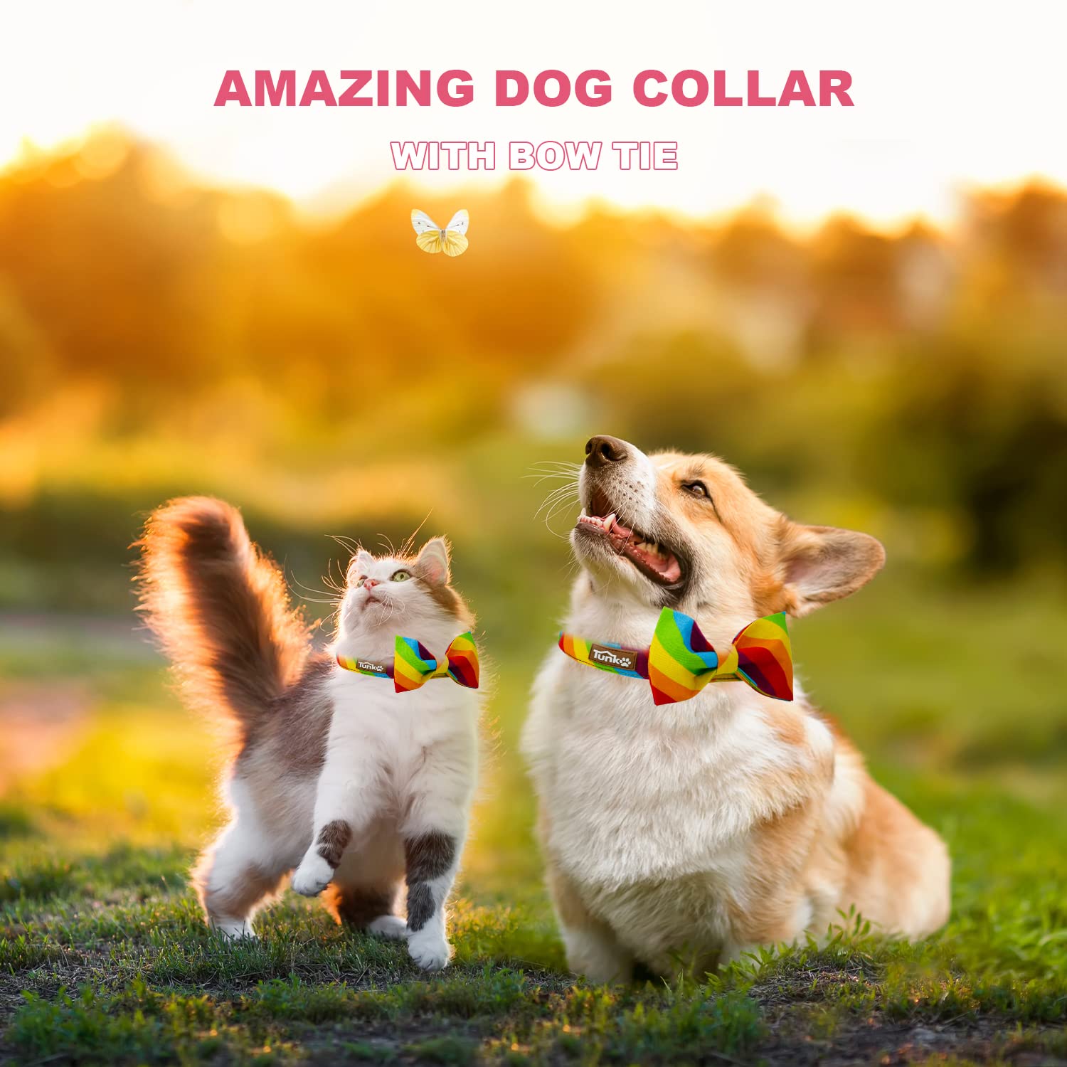 Tunkoo Rainbow Dog Collar With Very Pretty Bow Tie For Lgbt Pride Month - Adjustable And Comfortable Collar For Large Medium Sma