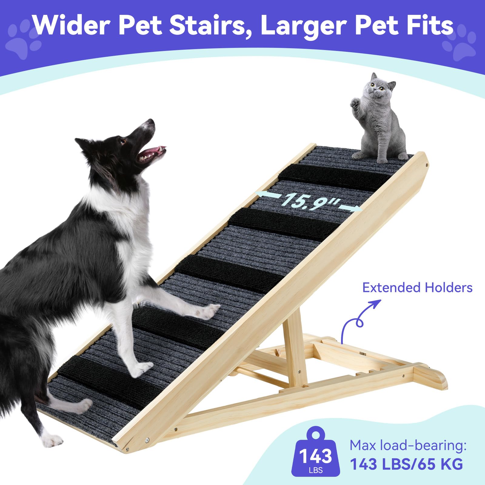 Large Dog Ramp for Bed Couch, Extra Wide Portable Wooden Pet Ramp, 4 Adjustable Height from 11.6 to 22.4, Pet Step for Small