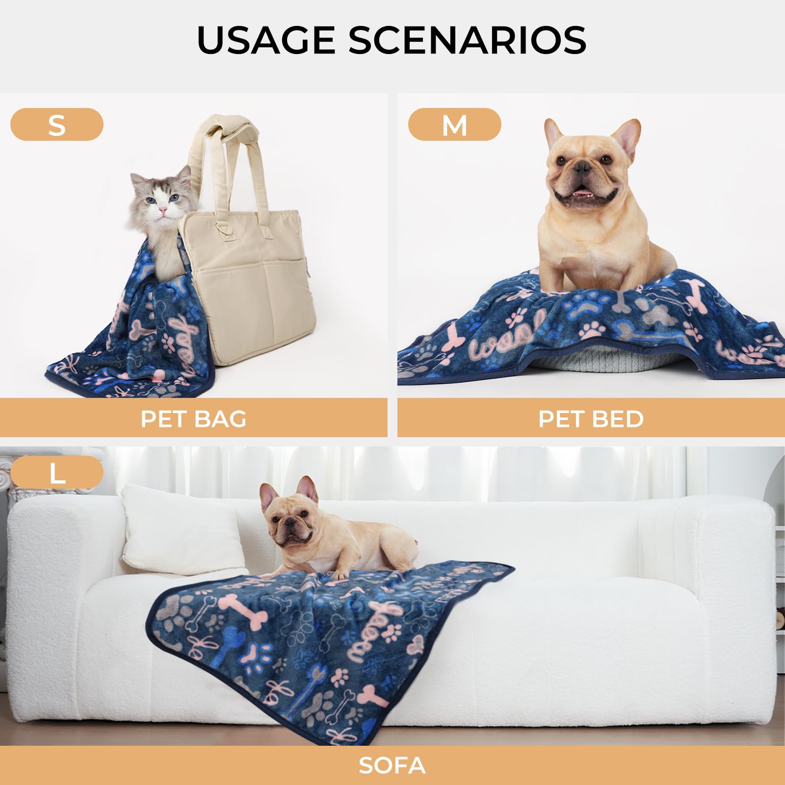 Luciphia 1 Pack 3 Blankets Fluffy Premium Fleece Pet Blanket Flannel Paw Bone Printed Throw For Dog Cat(Medium 30'X20', Khaki/Blue/Navy)