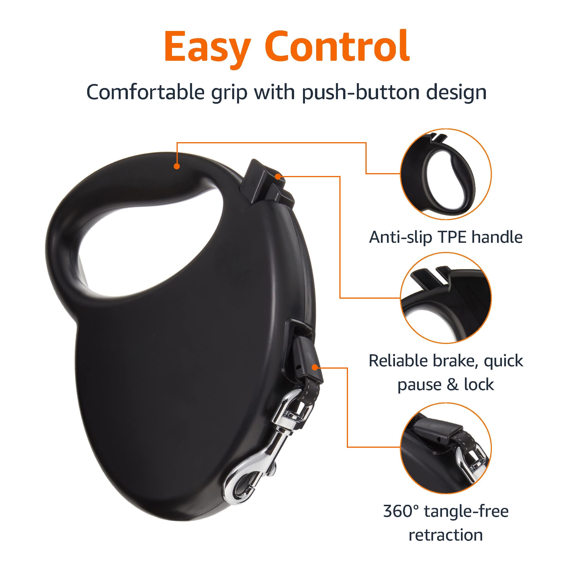 Amazon Basics Retractable Pet Leash for Dogs up to 44 lbs, Nylon, Locking Mechanism, Large - 24ft, Black
