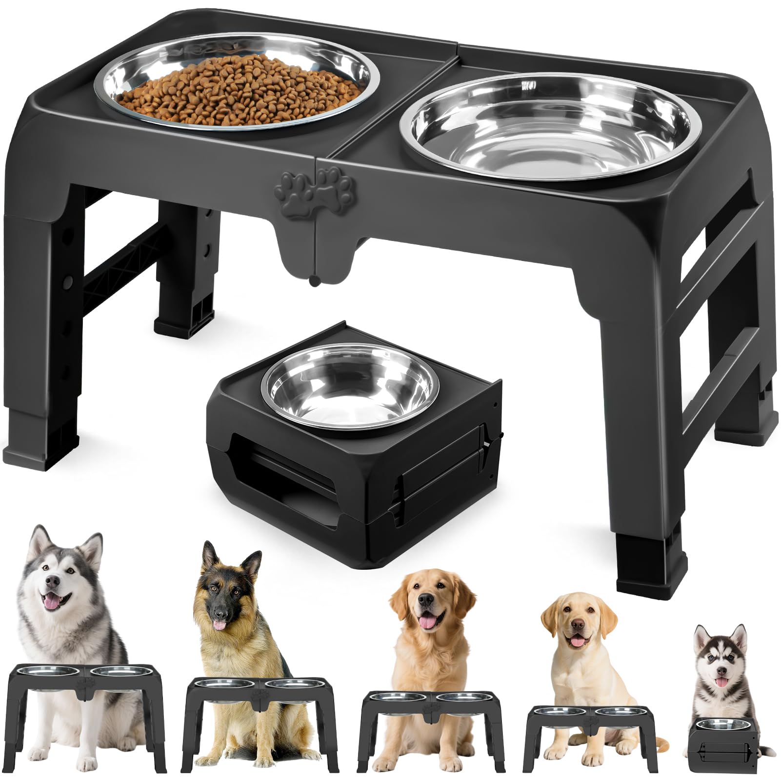 Elevated Dog Bowl Stand for Large Dogs - 2 Extra Large 10    Stainless Steel Bowls, 5 Adjustable Heights(7.5-15.4), Foldable Non